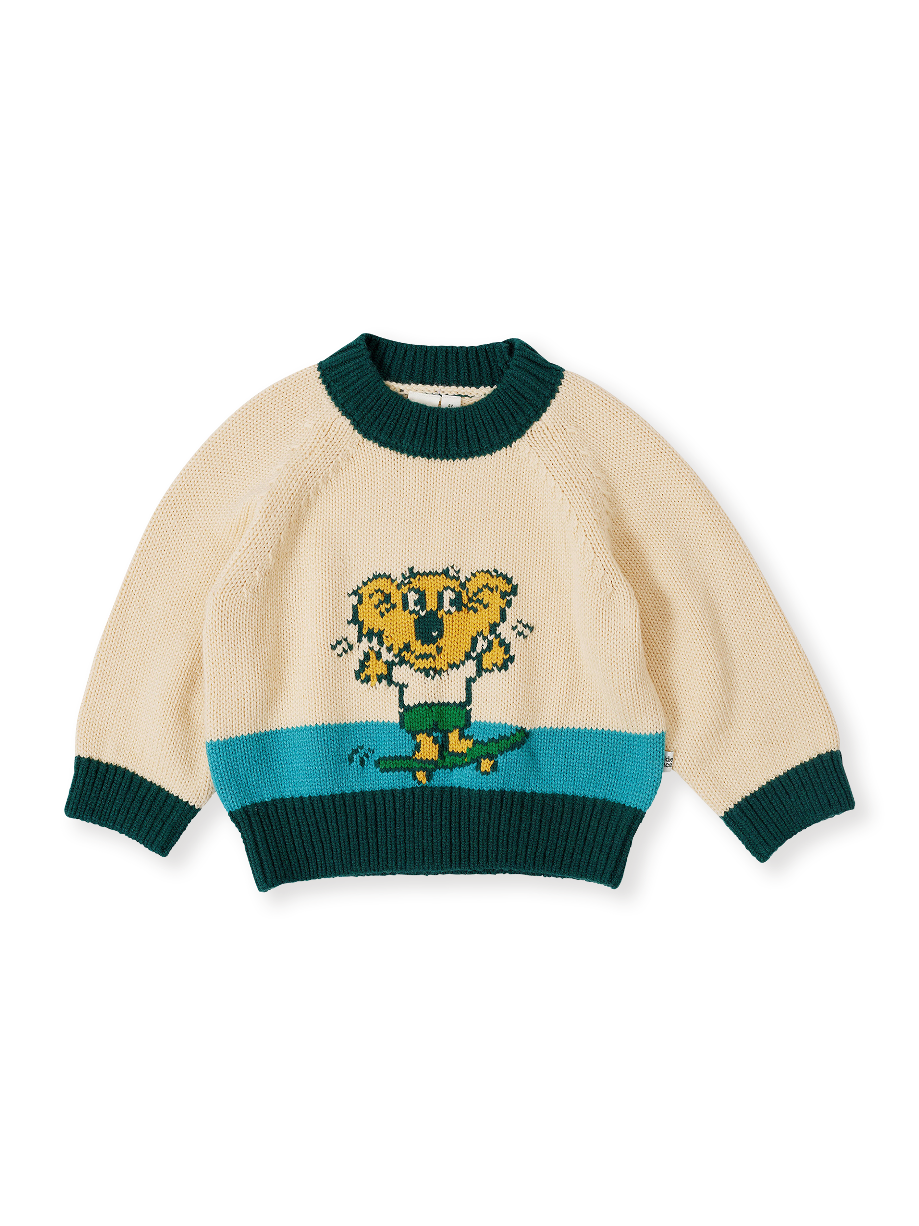 The Goldie + Ace Marley Koala Knit Jumper in Vanilla/Teal pictured on a transparent background. The material is soft acrylic blend with wool and nylon. It is a top made for babies, toddlers and kids.
