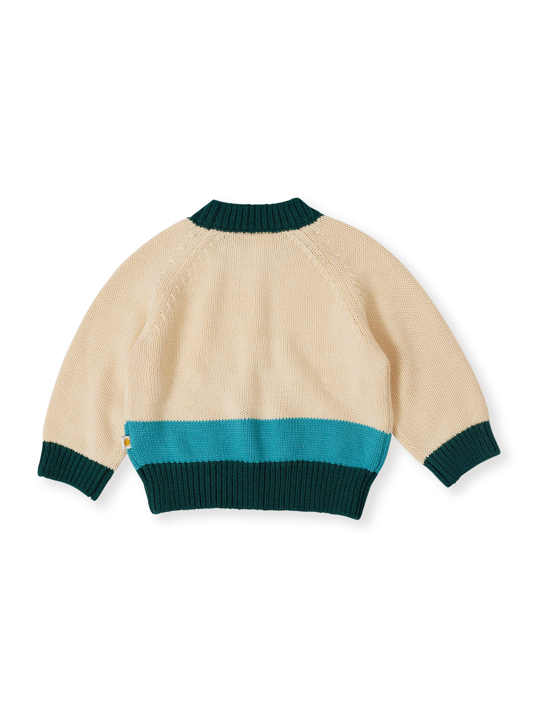 The Goldie + Ace Marley Koala Knit Jumper in Vanilla/Teal pictured on a transparent background. The material is soft acrylic blend with wool and nylon. It is a top made for babies, toddlers and kids.