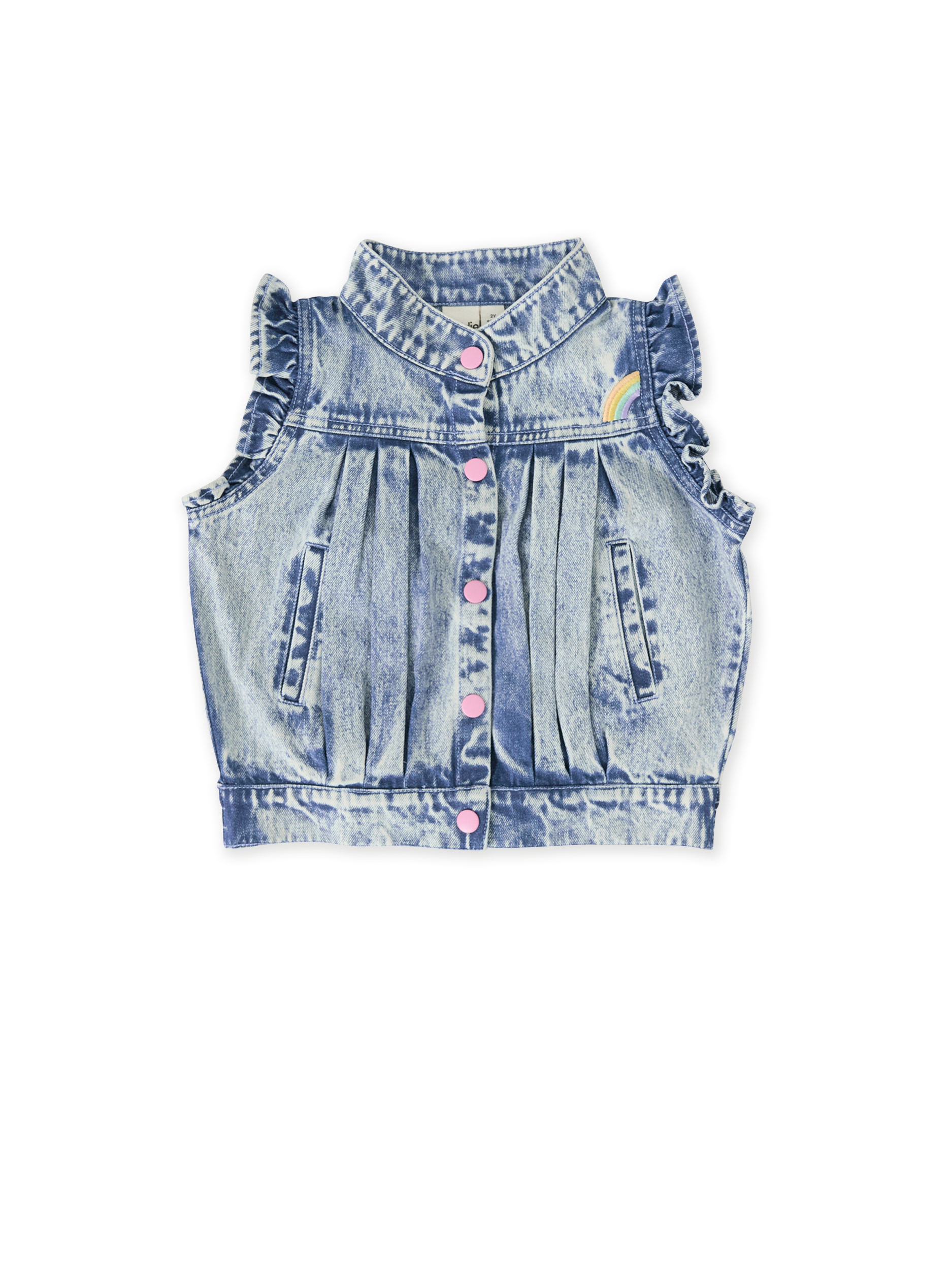 The Goldie + Ace Elodie Embroidered Denim Vest in Light Denim pictured on a transparent background. The material is cotton. It is a top made for babies, toddlers and kids.