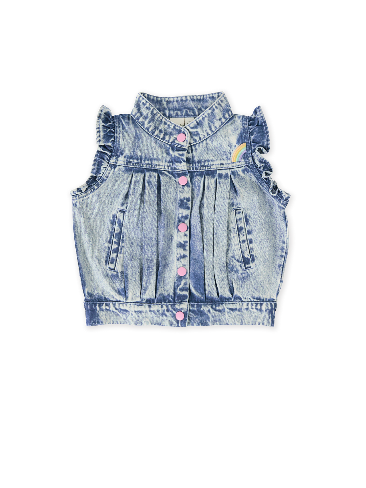 The Goldie + Ace Elodie Embroidered Denim Vest in Light Denim pictured on a transparent background. The material is cotton. It is a top made for babies, toddlers and kids.