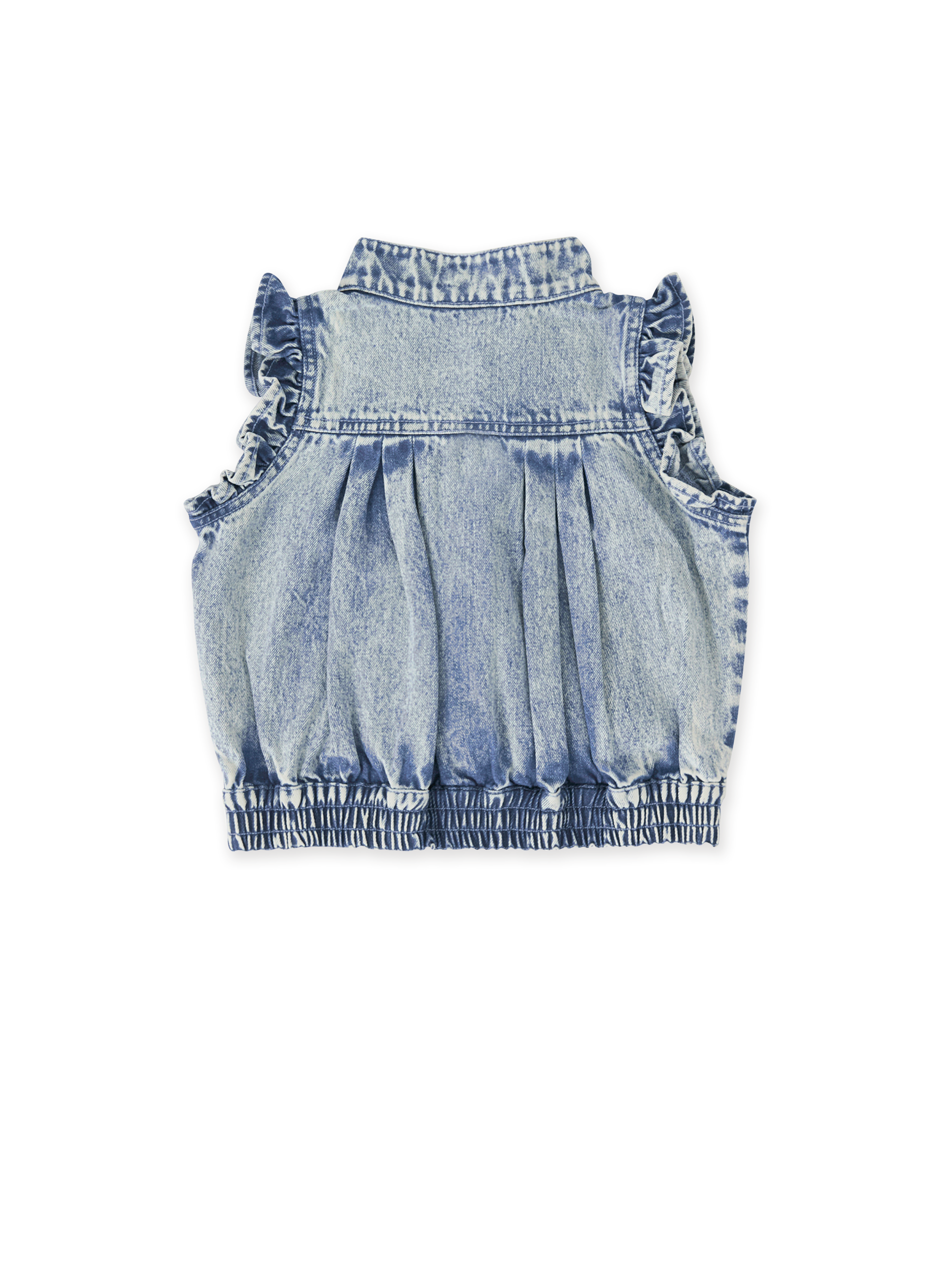 The Goldie + Ace Elodie Embroidered Denim Vest in Light Denim pictured on a transparent background. The material is cotton. It is a top made for babies, toddlers and kids.