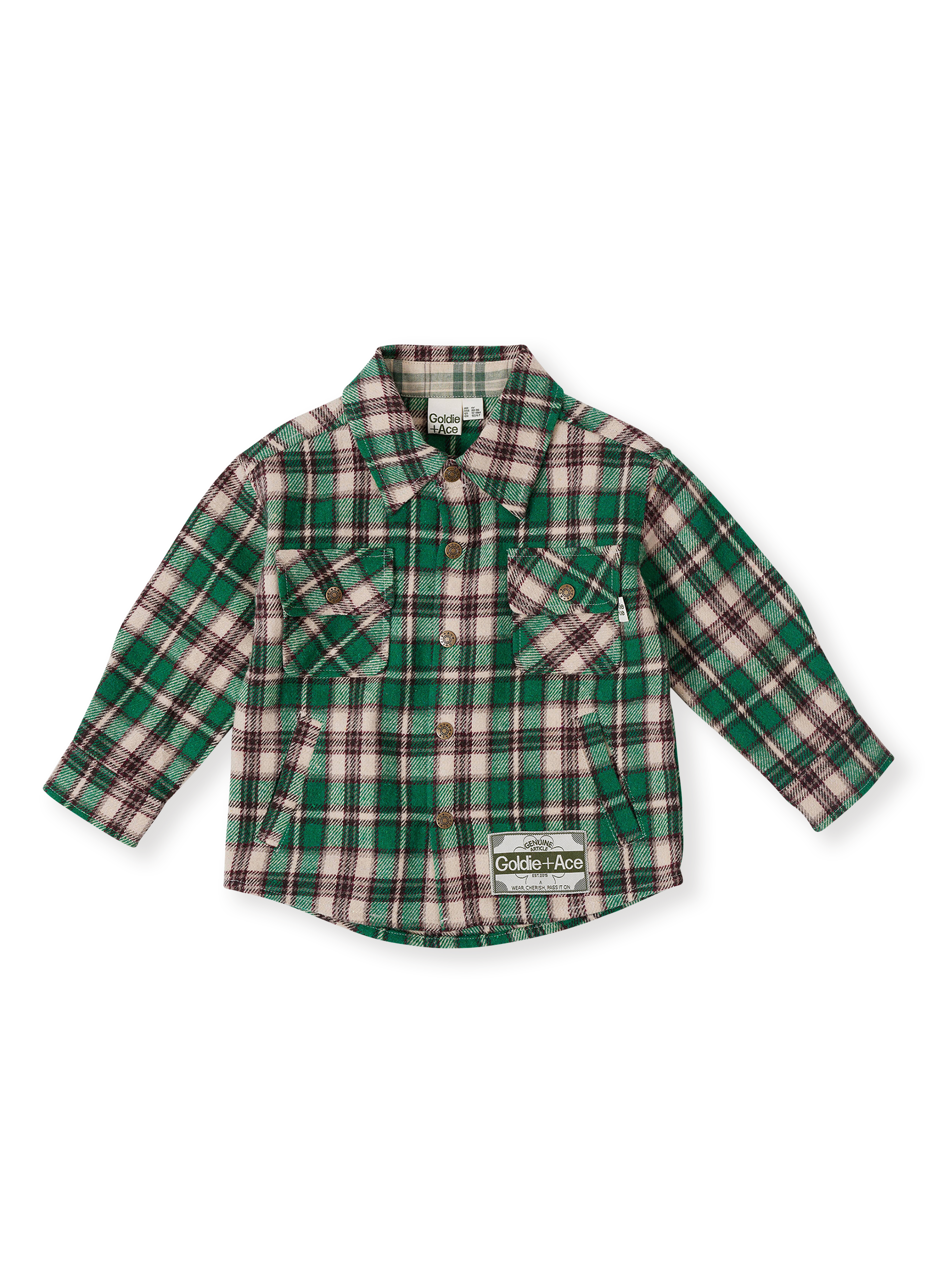The Goldie + Ace Rowan Check Shirt in Emerald pictured on a transparent background. The material is poly & wool blend. It is a top made for babies, toddlers and kids.