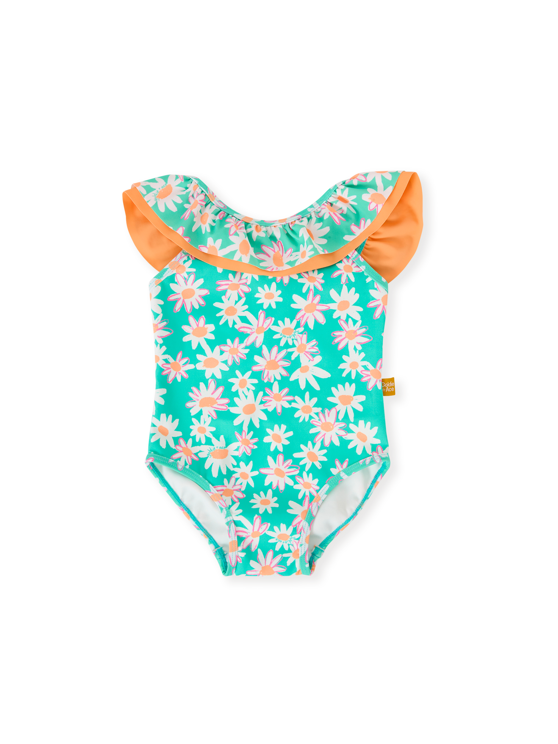The Goldie + Ace Daisy Patch Frill Neck Swimsuit in Moss pictured on a transparent background. The material is . It is a swimwear made for babies, toddlers and kids.