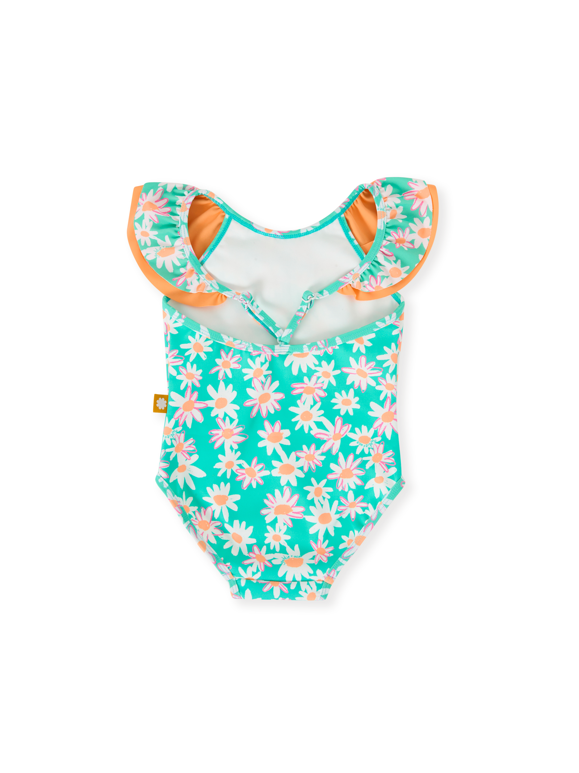 The Goldie + Ace Daisy Patch Frill Neck Swimsuit in Moss pictured on a transparent background. The material is . It is a swimwear made for babies, toddlers and kids.