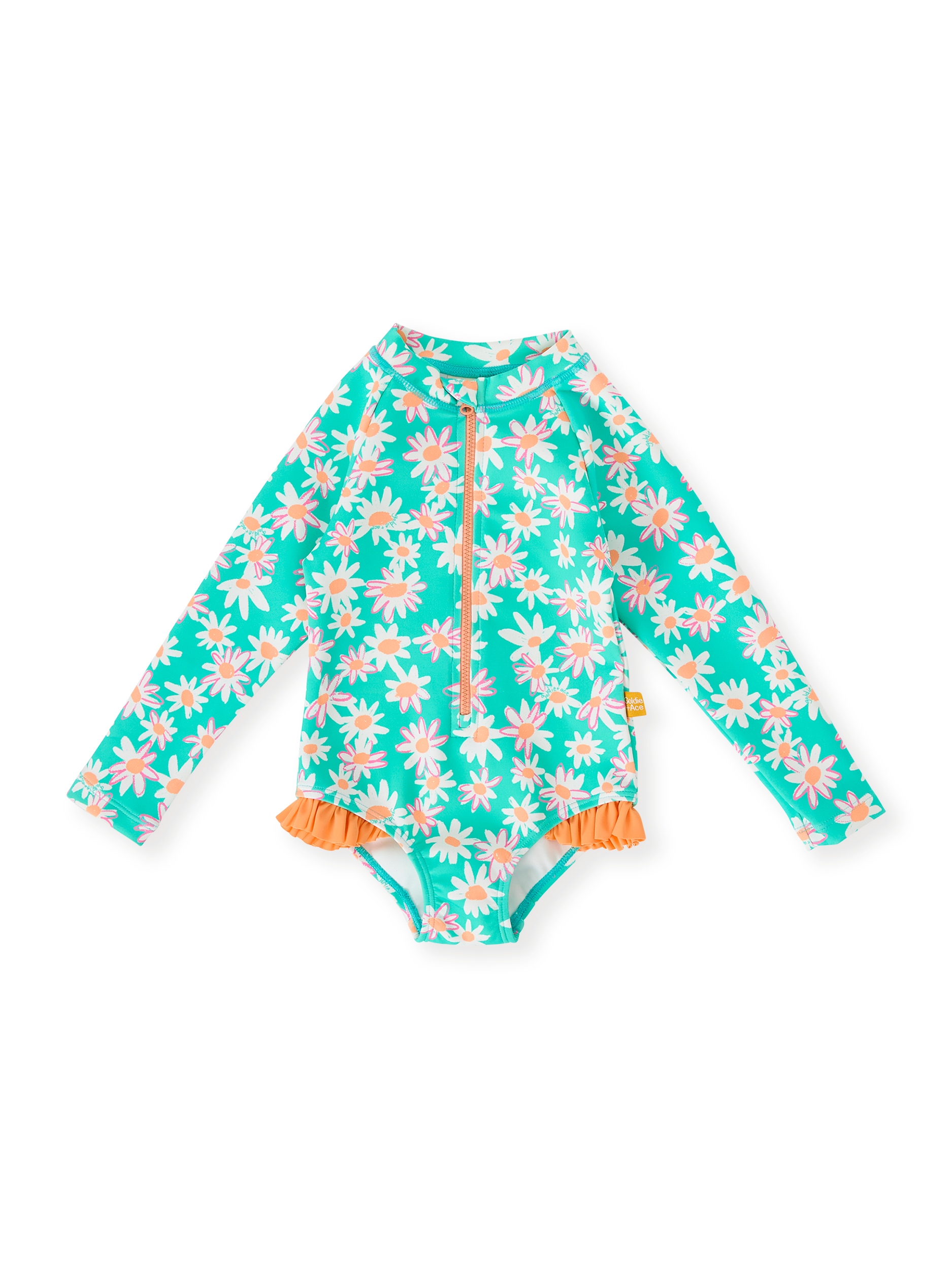 The Goldie + Ace Daisy Patch Long Sleeve Frill Swimsuit in Moss pictured on a transparent background. The material is . It is a swimwear made for babies, toddlers and kids.