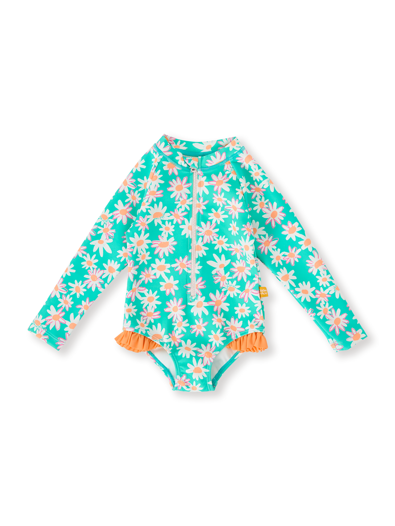 The Goldie + Ace Daisy Patch Long Sleeve Frill Swimsuit in Moss pictured on a transparent background. The material is . It is a swimwear made for babies, toddlers and kids.