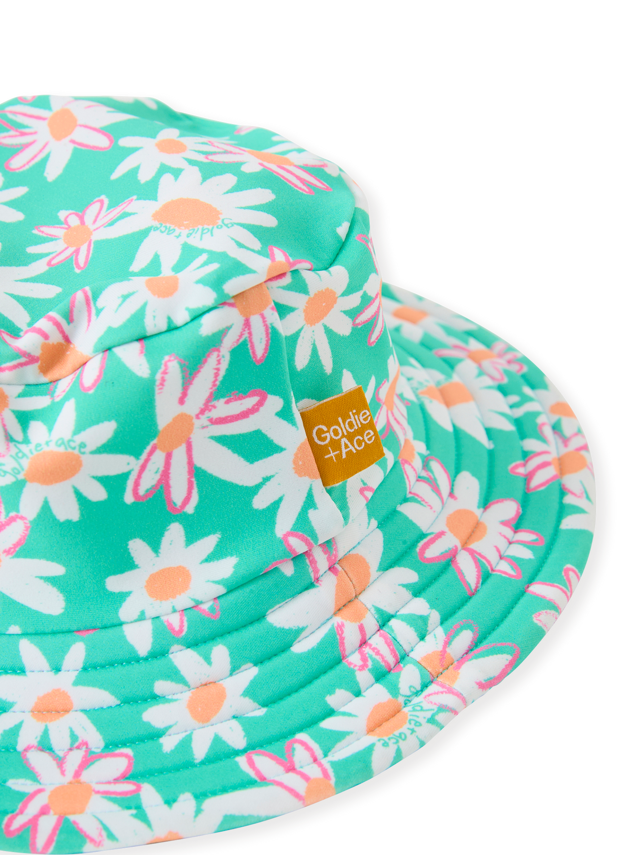 The Goldie + Ace Daisy Patch Swim Bucket Hat in Moss pictured on a transparent background. The material is . It is a swimwear made for babies, toddlers and kids.