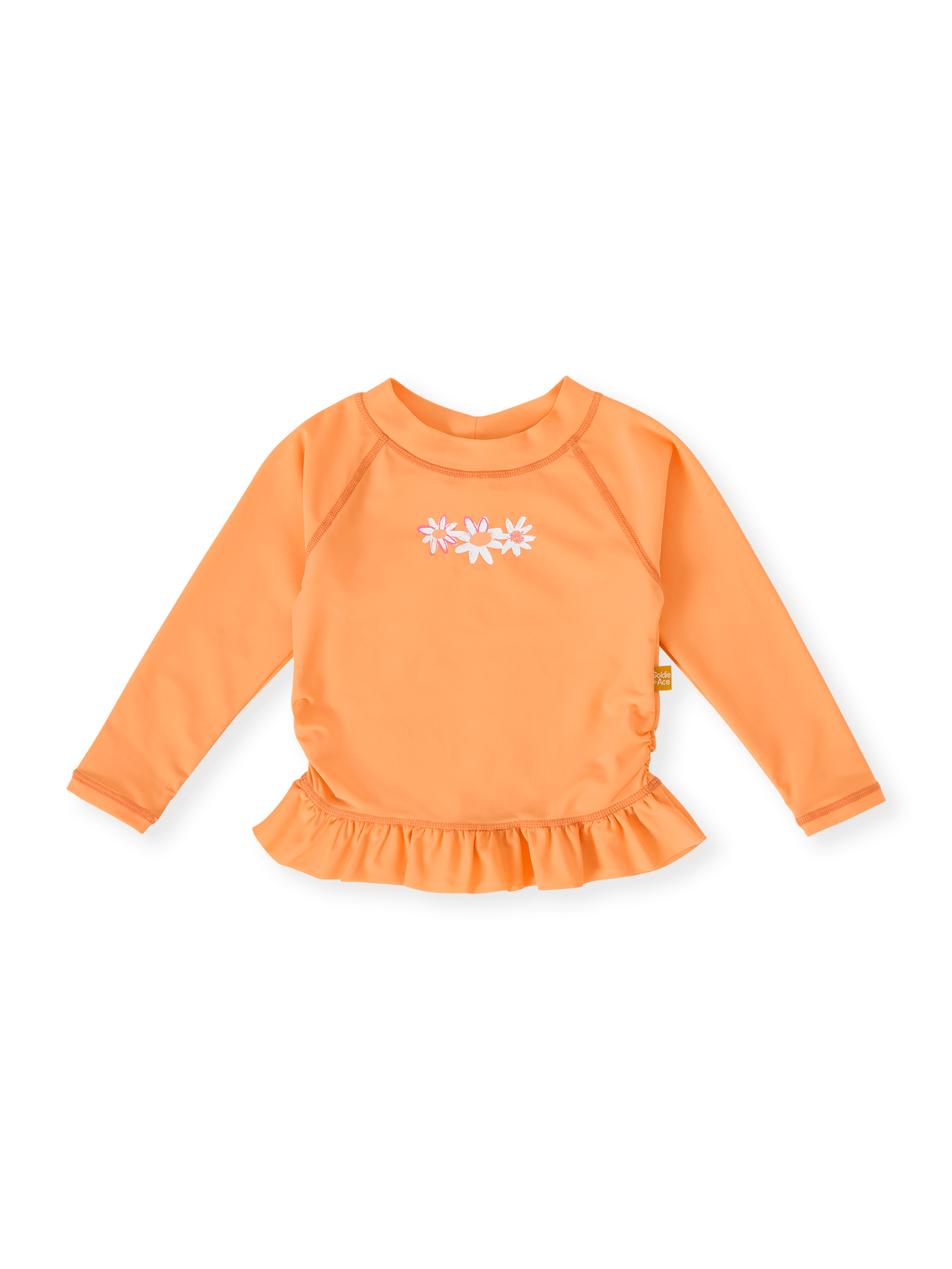 The Goldie + Ace Daisy Chain Frill Rashguard in Orange pictured on a transparent background. The material is . It is a swimwear made for babies, toddlers and kids.