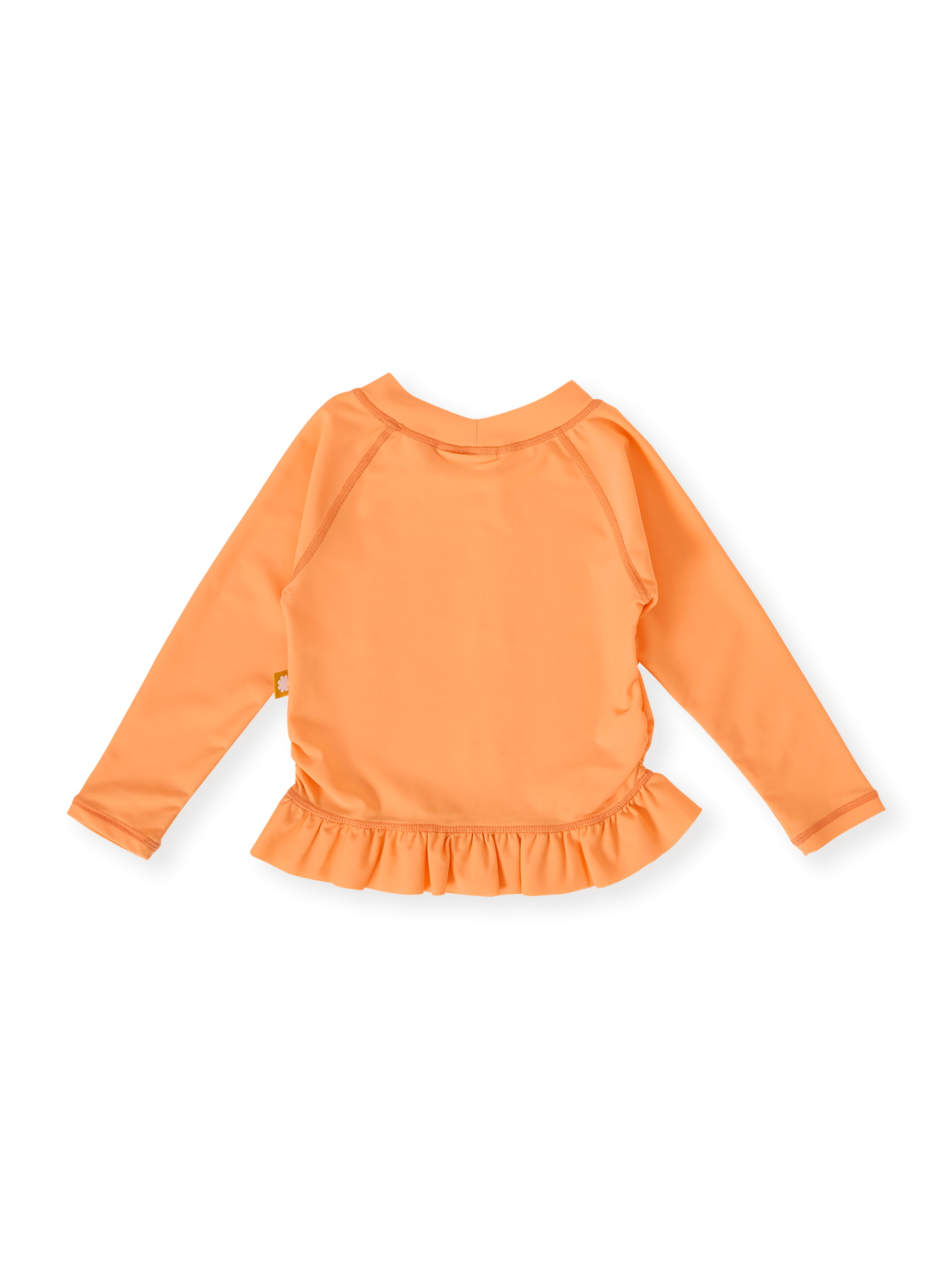 The Goldie + Ace Daisy Chain Frill Rashguard in Orange pictured on a transparent background. The material is . It is a swimwear made for babies, toddlers and kids.