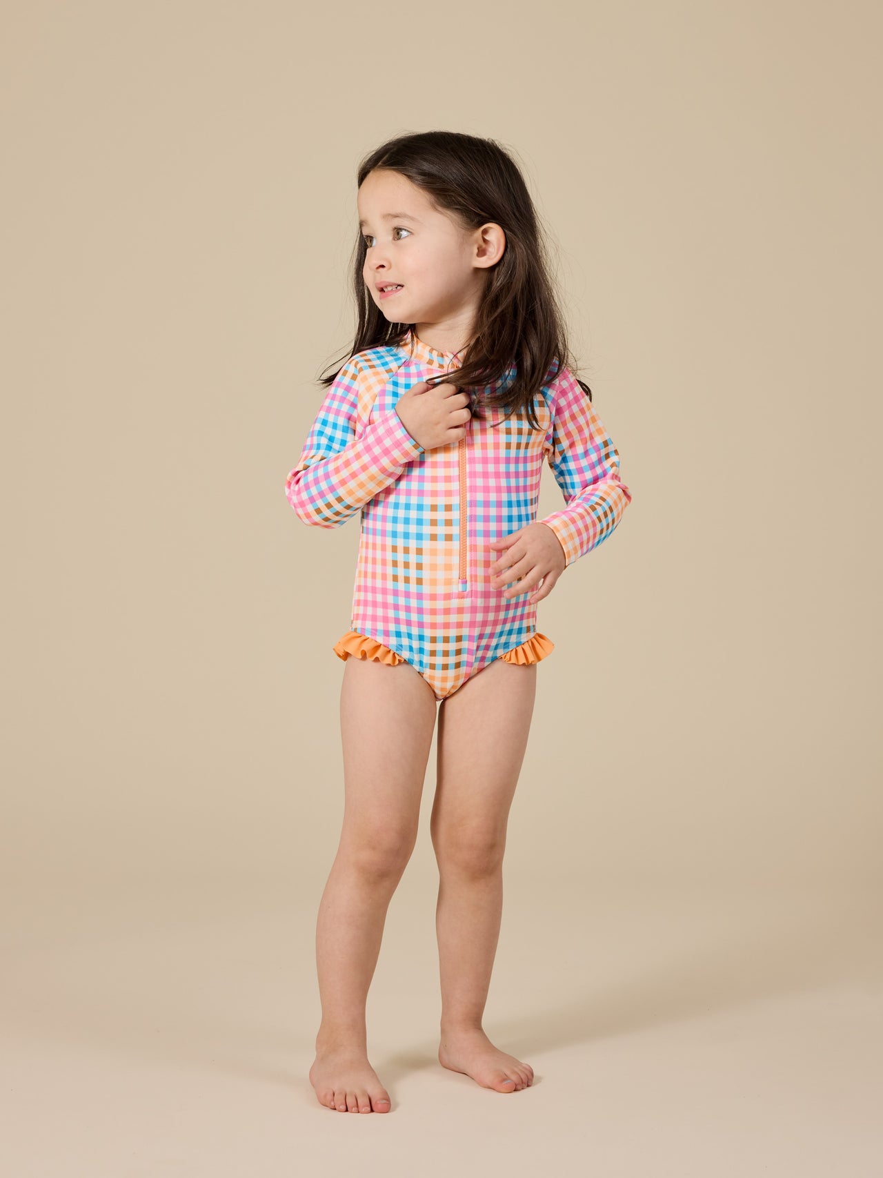 Rainbow Gingham Long Sleeve Frill Swimsuit