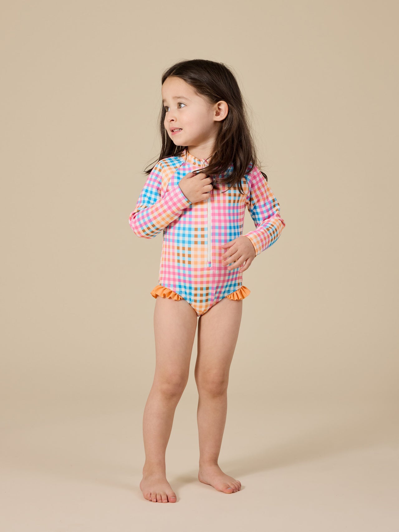 Rainbow Gingham Long Sleeve Frill Swimsuit