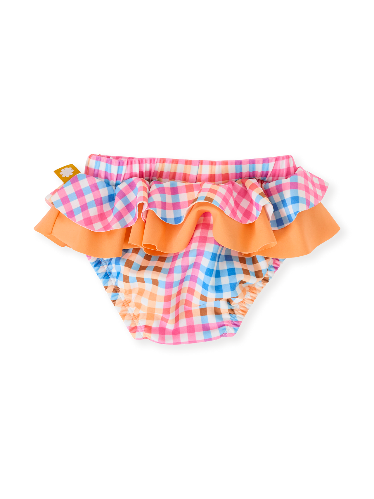 The Goldie + Ace Rainbow Gingham Frill Waist Swim Nappy in Multi pictured on a transparent background. The material is . It is a swimwear made for babies, toddlers and kids.