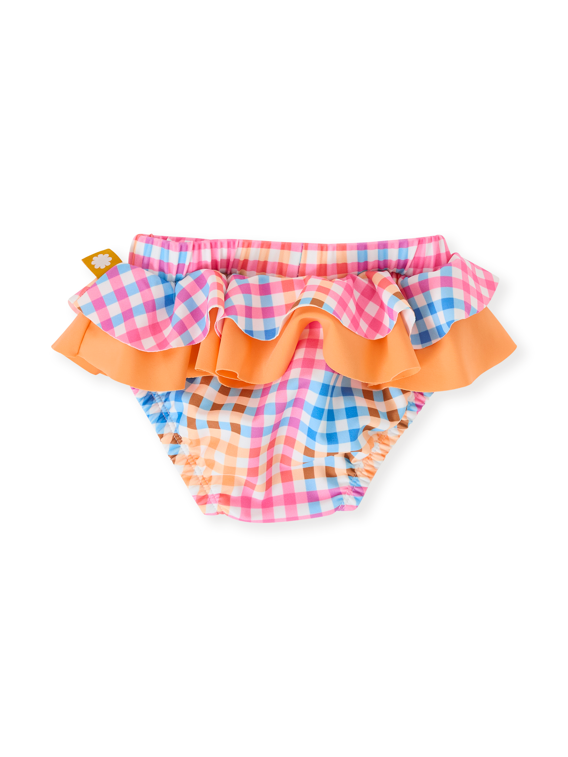 The Goldie + Ace Rainbow Gingham Frill Waist Swim Nappy in Multi pictured on a transparent background. The material is . It is a swimwear made for babies, toddlers and kids.
