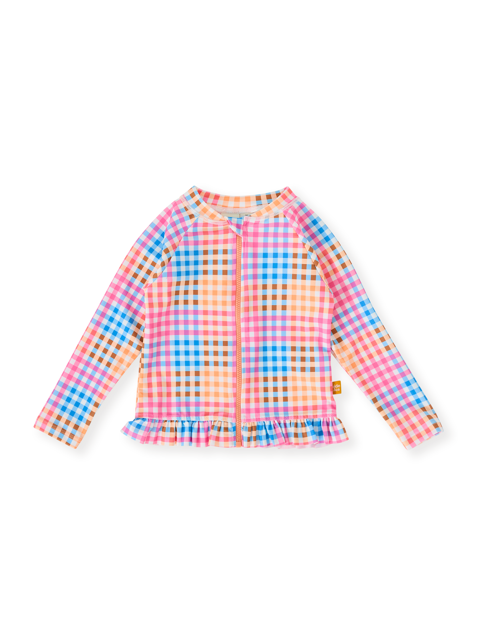 The Goldie + Ace Rainbow Gingham Zip Up Rashguard in Multi pictured on a transparent background. The material is . It is a swimwear made for babies, toddlers and kids.