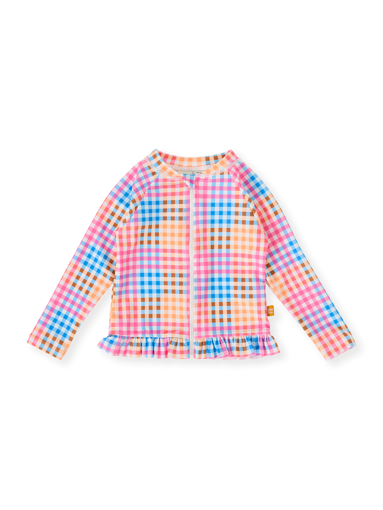 The Goldie + Ace Rainbow Gingham Zip Up Rashguard in Multi pictured on a transparent background. The material is . It is a swimwear made for babies, toddlers and kids.
