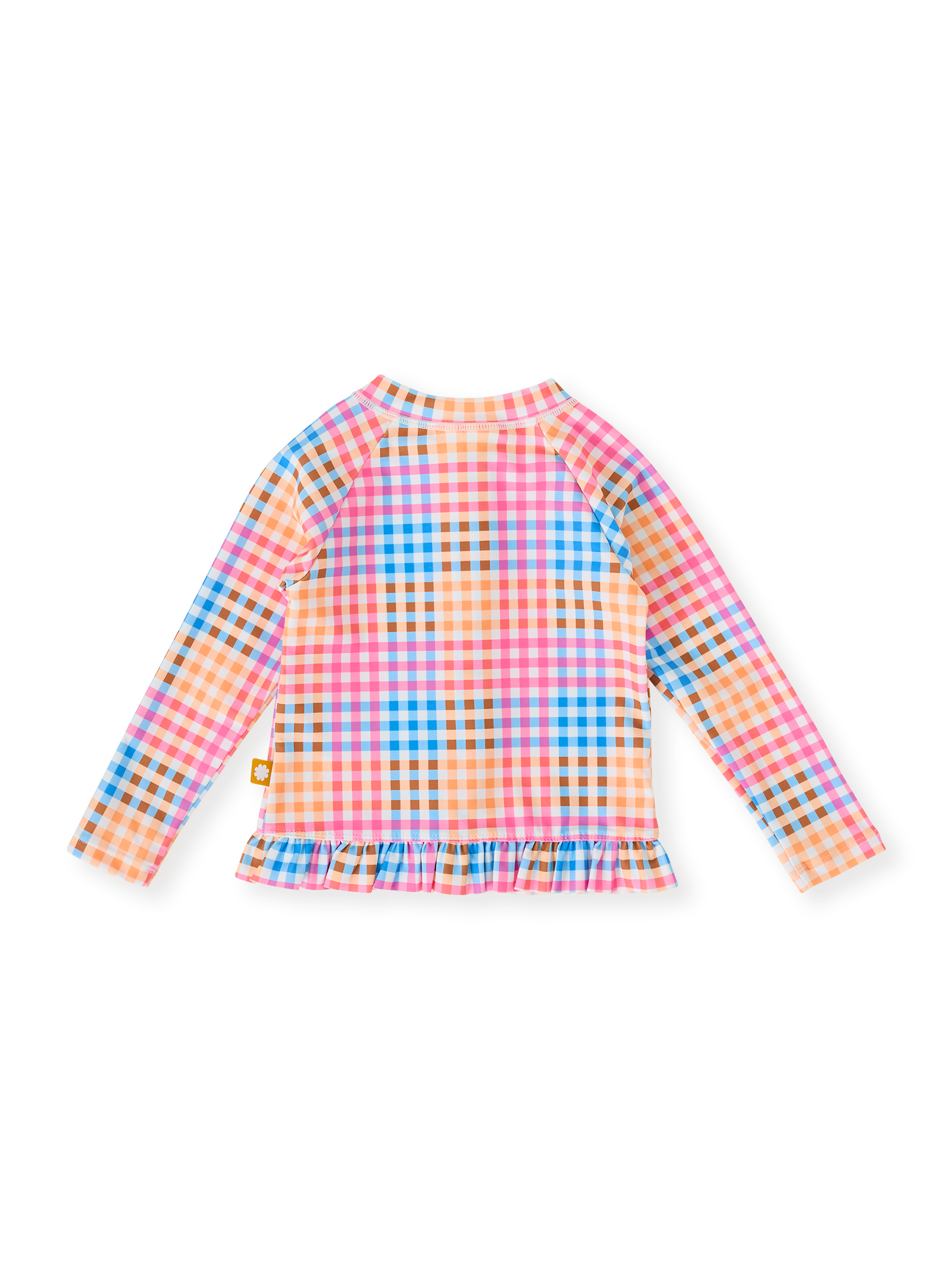The Goldie + Ace Rainbow Gingham Zip Up Rashguard in Multi pictured on a transparent background. The material is . It is a swimwear made for babies, toddlers and kids.