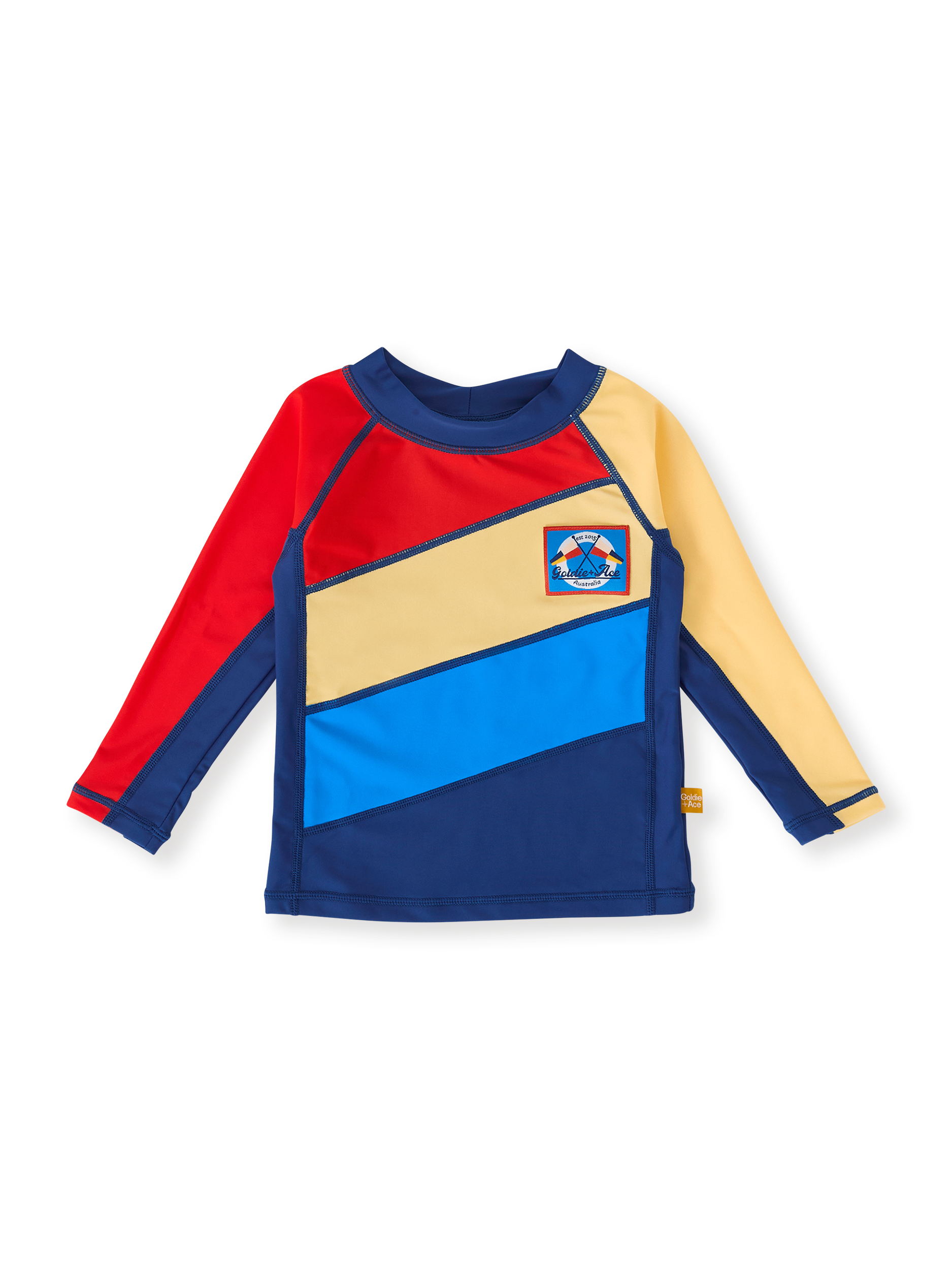 The Goldie + Ace Nautical Flag Rashguard in Blue/Yellow/Red pictured on a transparent background. The material is . It is a swimwear made for babies, toddlers and kids.