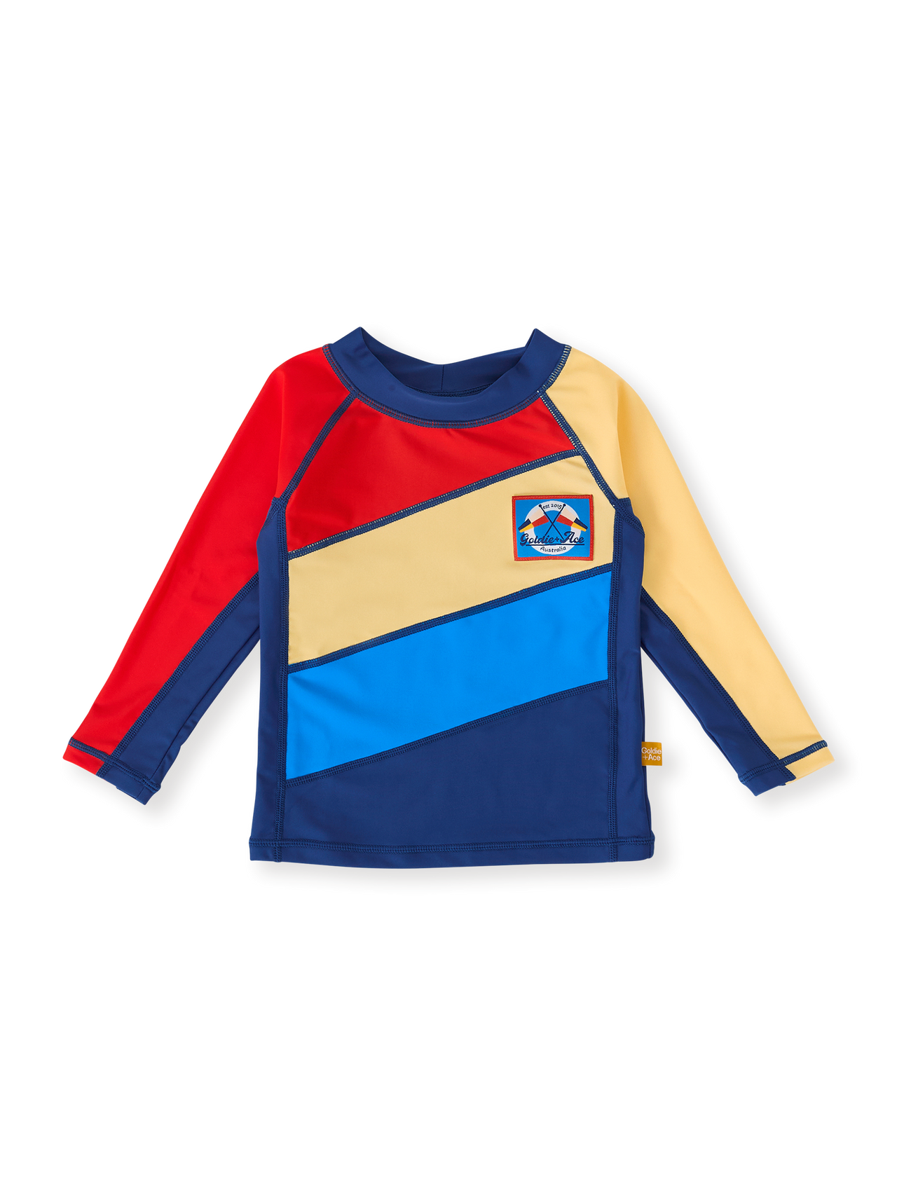 The Goldie + Ace Nautical Flag Rashguard in Blue/Yellow/Red pictured on a transparent background. The material is . It is a swimwear made for babies, toddlers and kids.