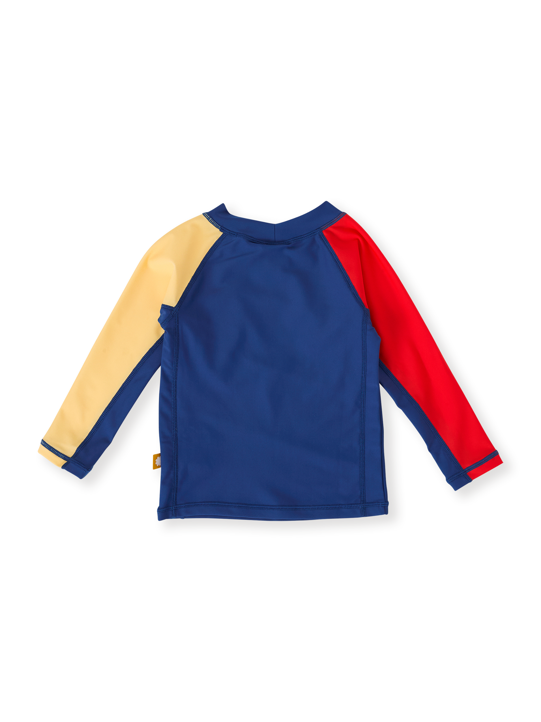 The Goldie + Ace Nautical Flag Rashguard in Blue/Yellow/Red pictured on a transparent background. The material is . It is a swimwear made for babies, toddlers and kids.