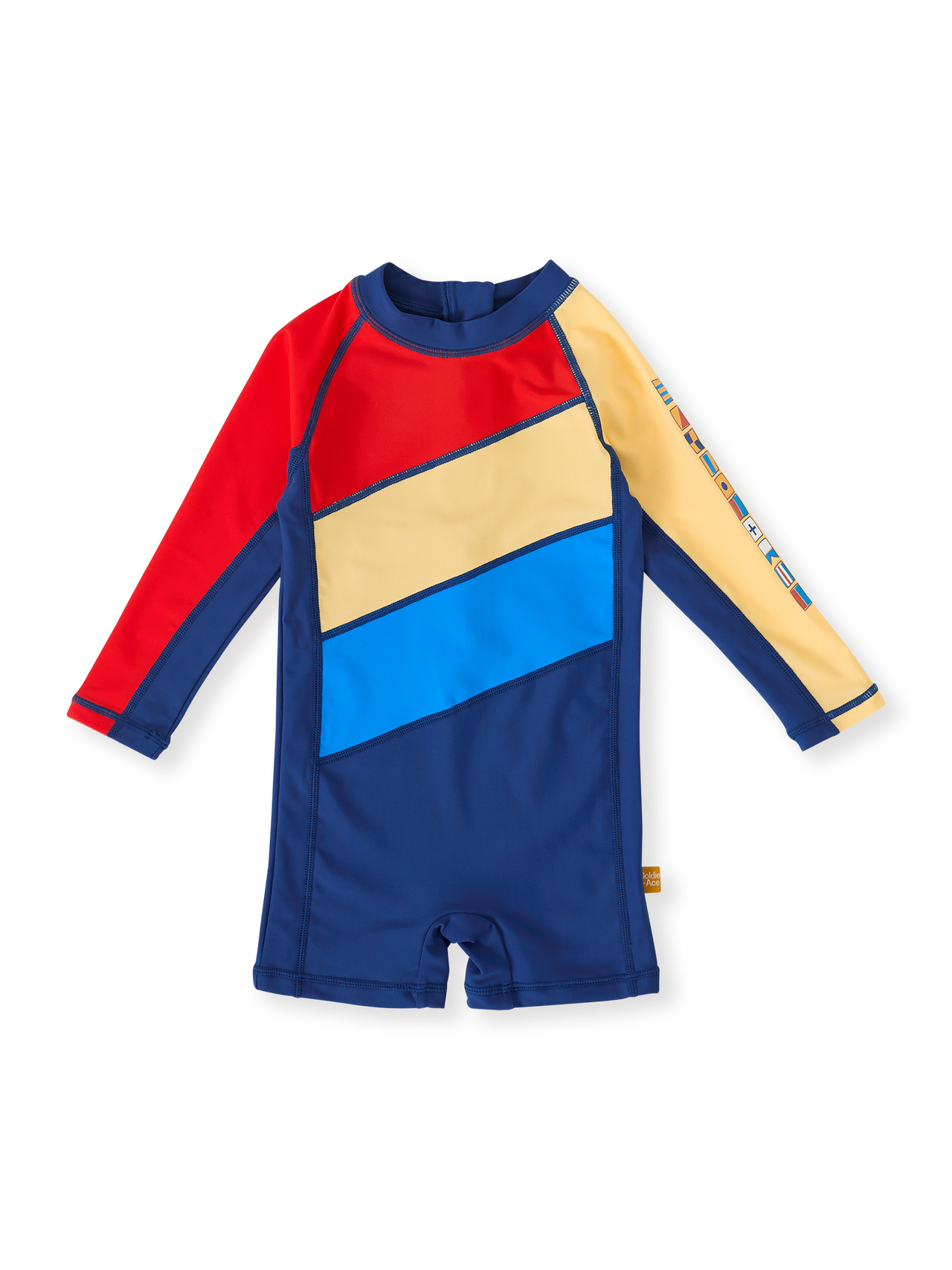 The Goldie + Ace Nautical Flag Short Leg Swimsuit in Blue/Yellow/Red pictured on a transparent background. The material is . It is a swimwear made for babies, toddlers and kids.