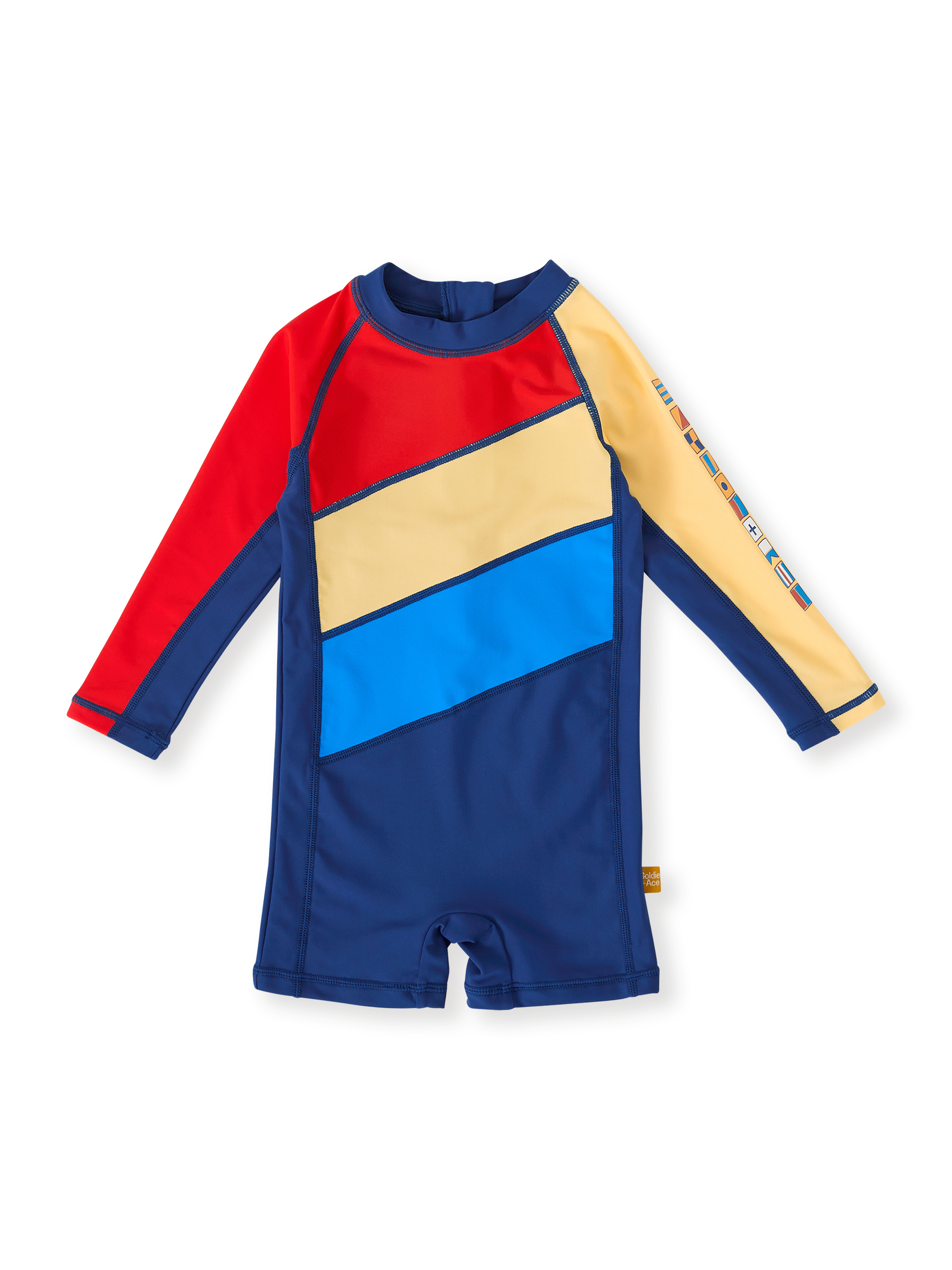 The Goldie + Ace Nautical Flag Short Leg Swimsuit in Blue/Yellow/Red pictured on a transparent background. The material is . It is a swimwear made for babies, toddlers and kids.
