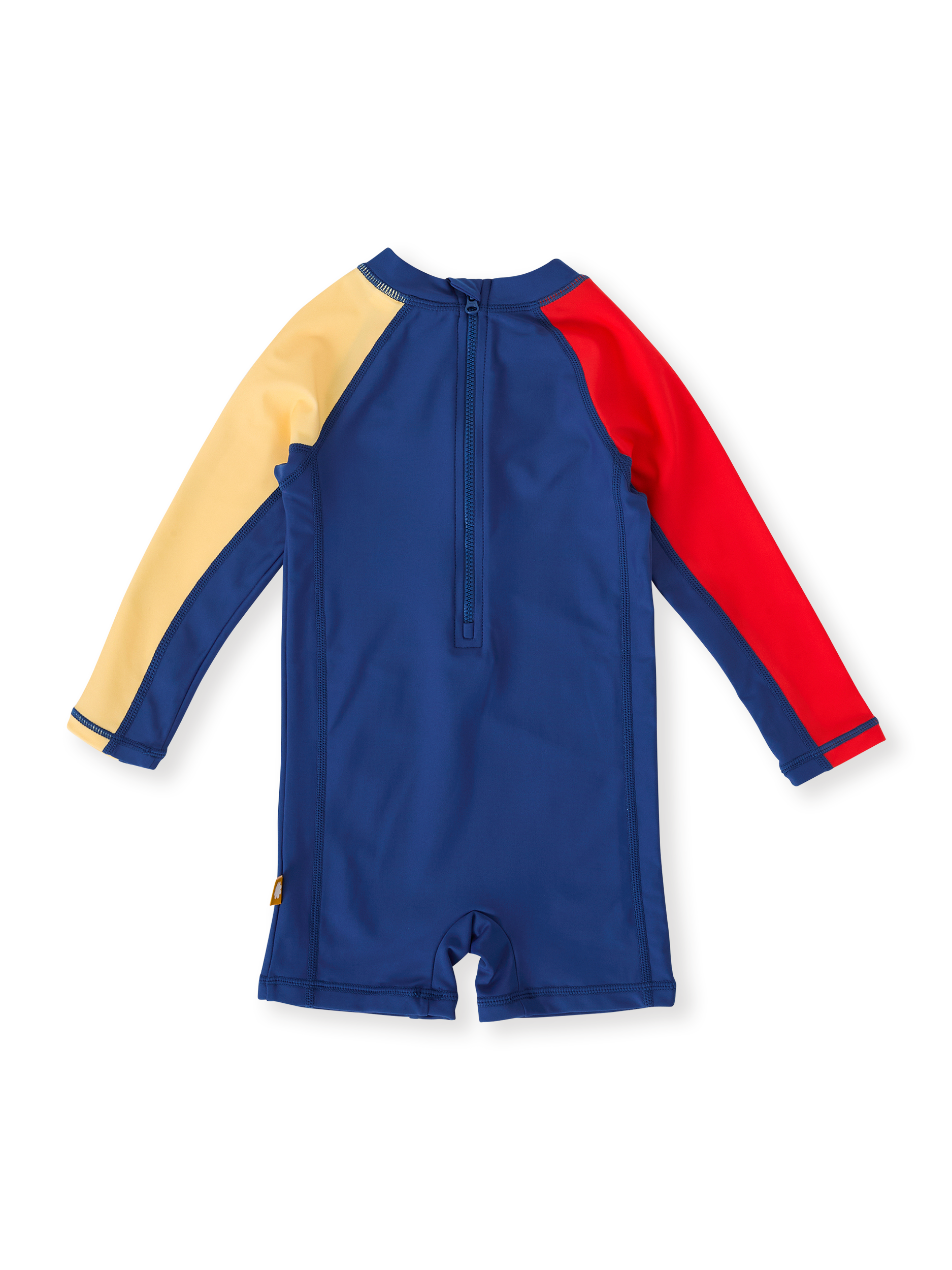 The Goldie + Ace Nautical Flag Short Leg Swimsuit in Blue/Yellow/Red pictured on a transparent background. The material is . It is a swimwear made for babies, toddlers and kids.