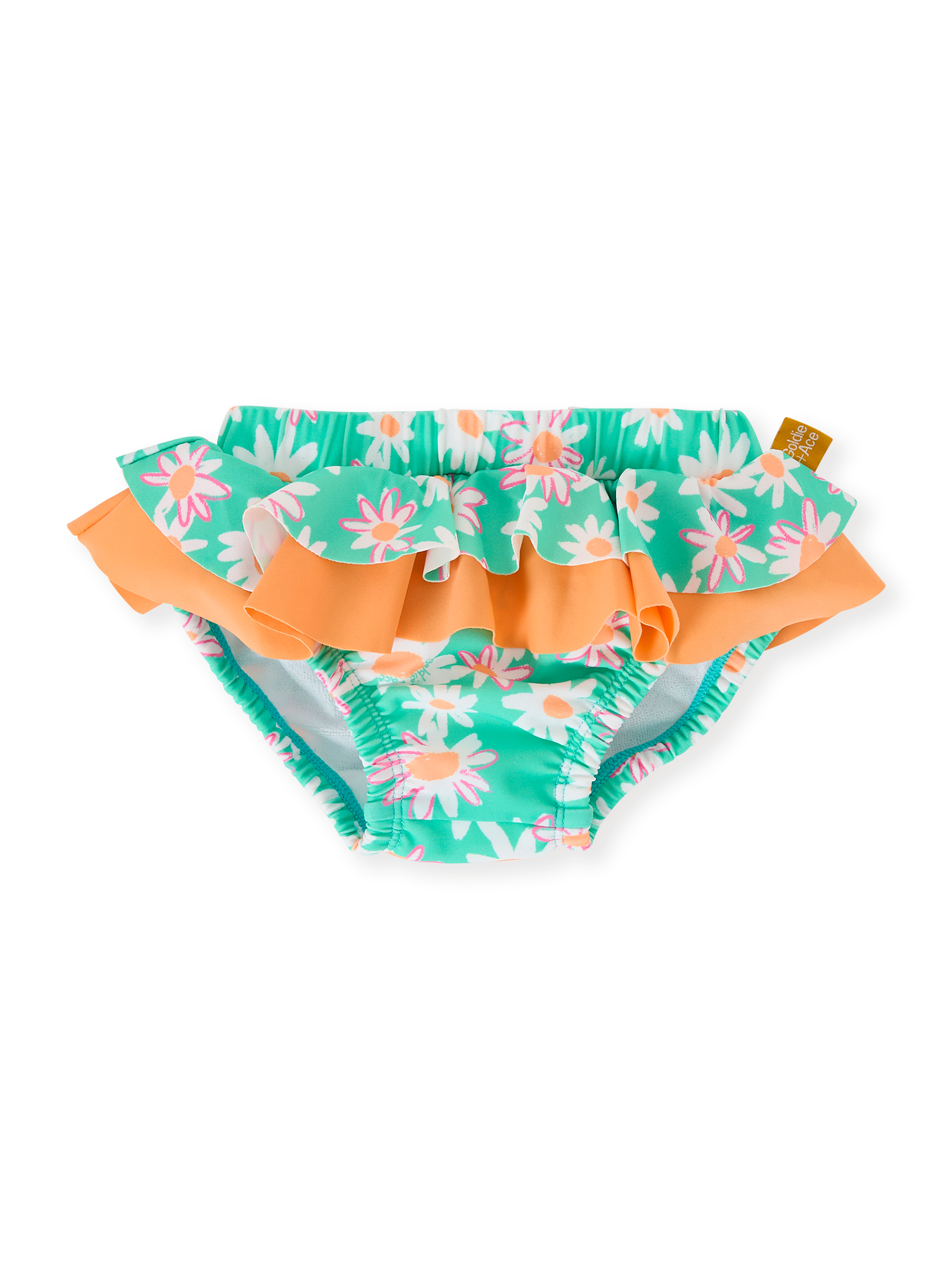 The Goldie + Ace Daisy Patch Frill Waist Swim Nappy in Moss pictured on a transparent background. The material is . It is a swimwear made for babies, toddlers and kids.
