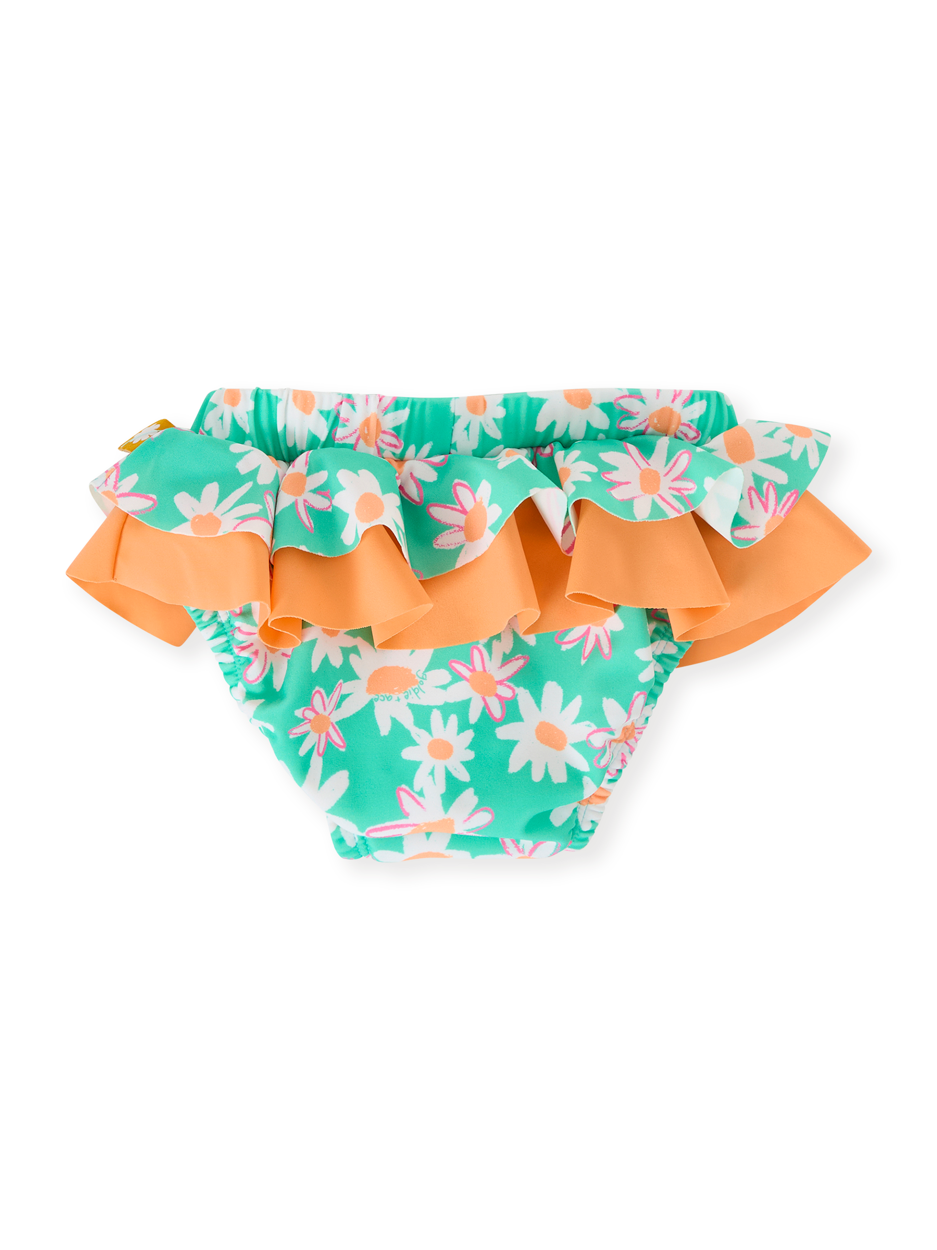 The Goldie + Ace Daisy Patch Frill Waist Swim Nappy in Moss pictured on a transparent background. The material is . It is a swimwear made for babies, toddlers and kids.