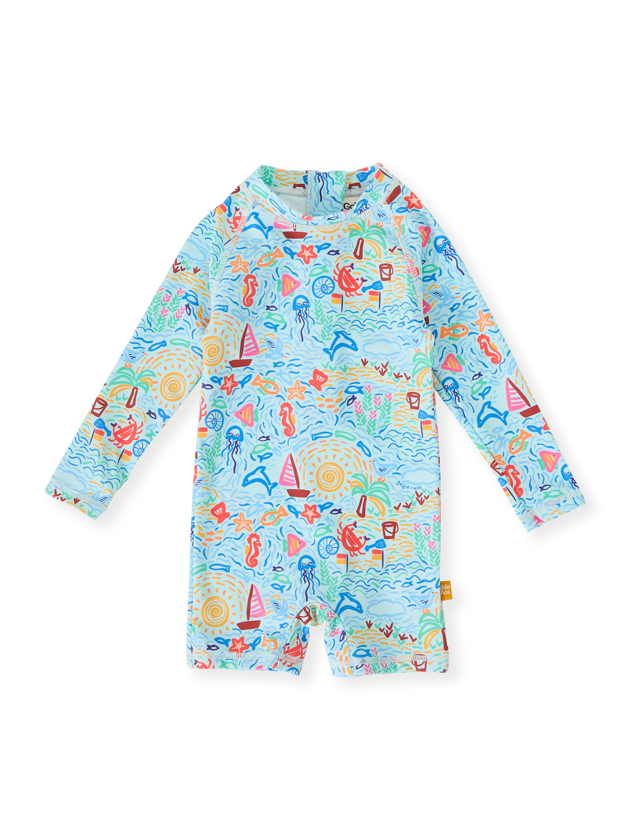 The Goldie + Ace Summer Bay Short Leg Swimsuit in Multi pictured on a transparent background. The material is . It is a swimwear made for babies, toddlers and kids.