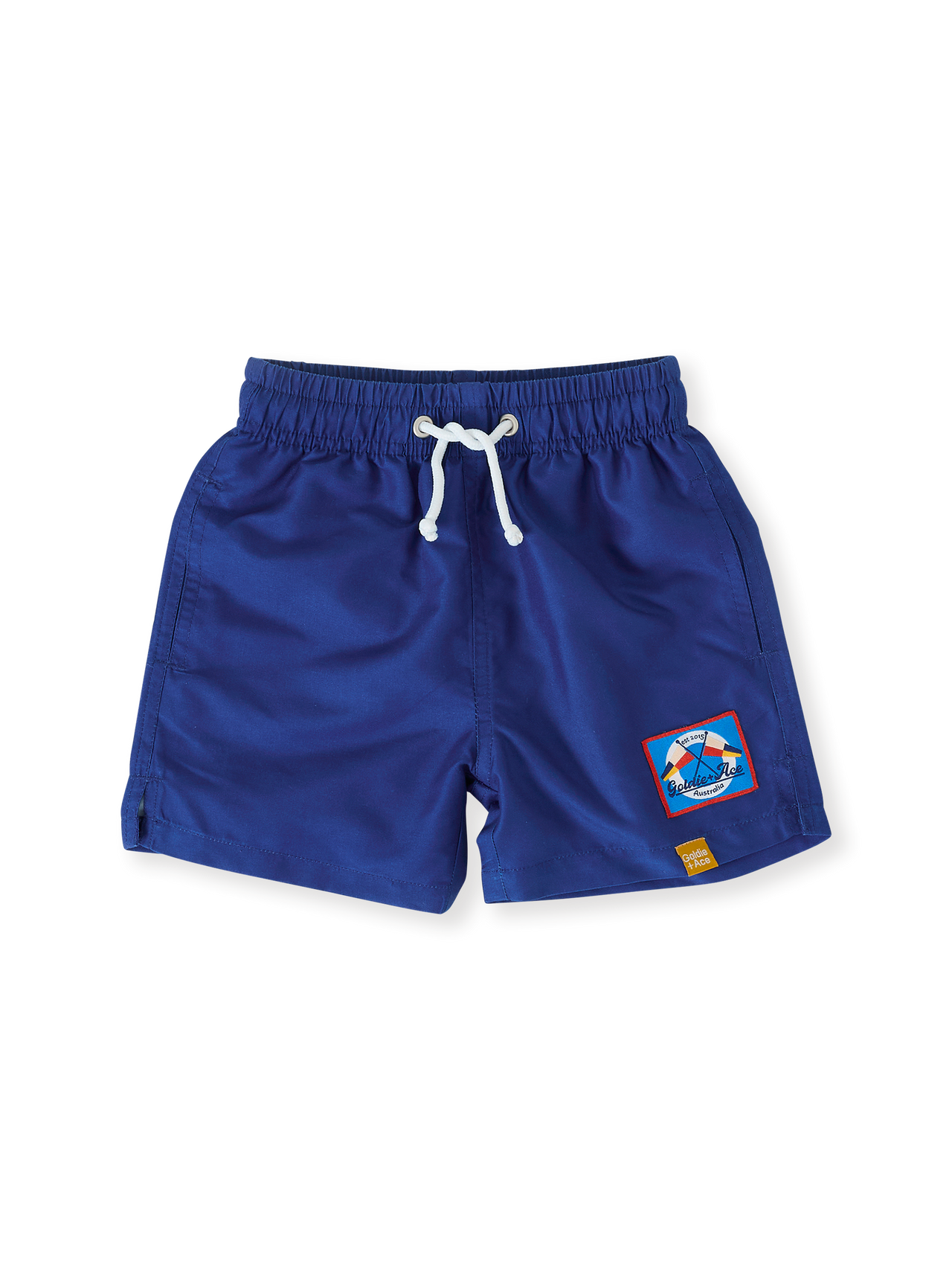 The Goldie + Ace Nautical Flag Board Shorts in Navy pictured on a transparent background. The material is . It is a swimwear made for babies, toddlers and kids.