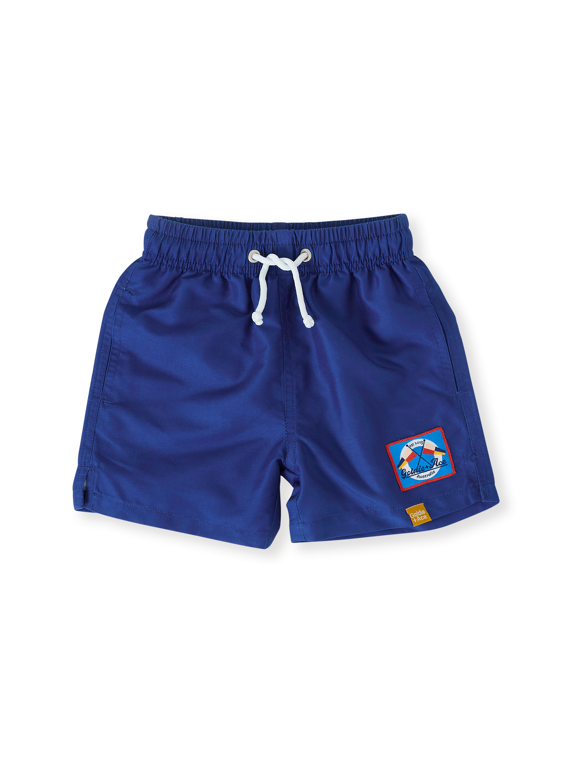 The Goldie + Ace Nautical Flag Board Shorts in Navy pictured on a transparent background. The material is . It is a swimwear made for babies, toddlers and kids.