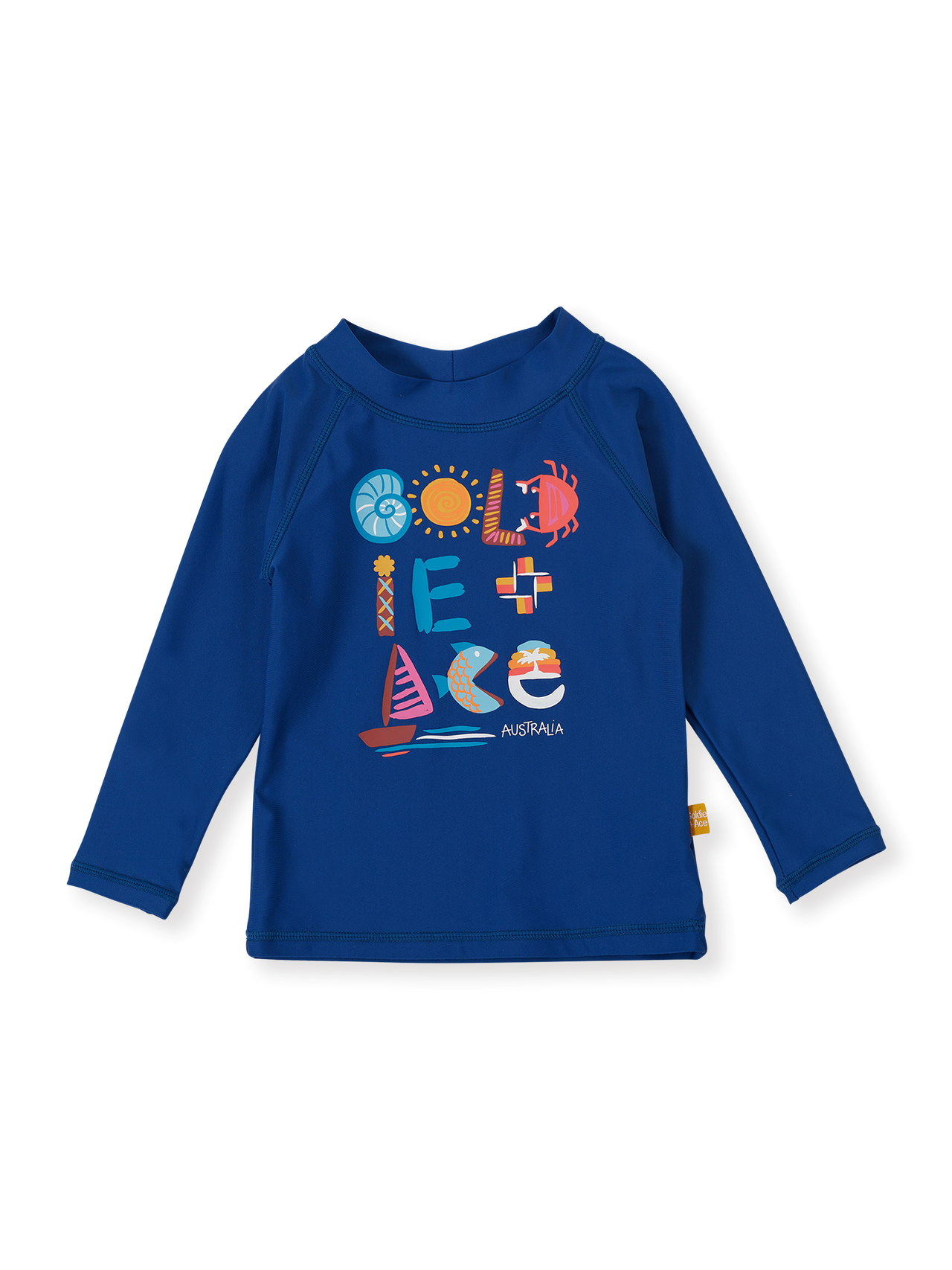 The Goldie + Ace G'Day From The Bay Rashguard in Navy pictured on a transparent background. The material is . It is a swimwear made for babies, toddlers and kids.