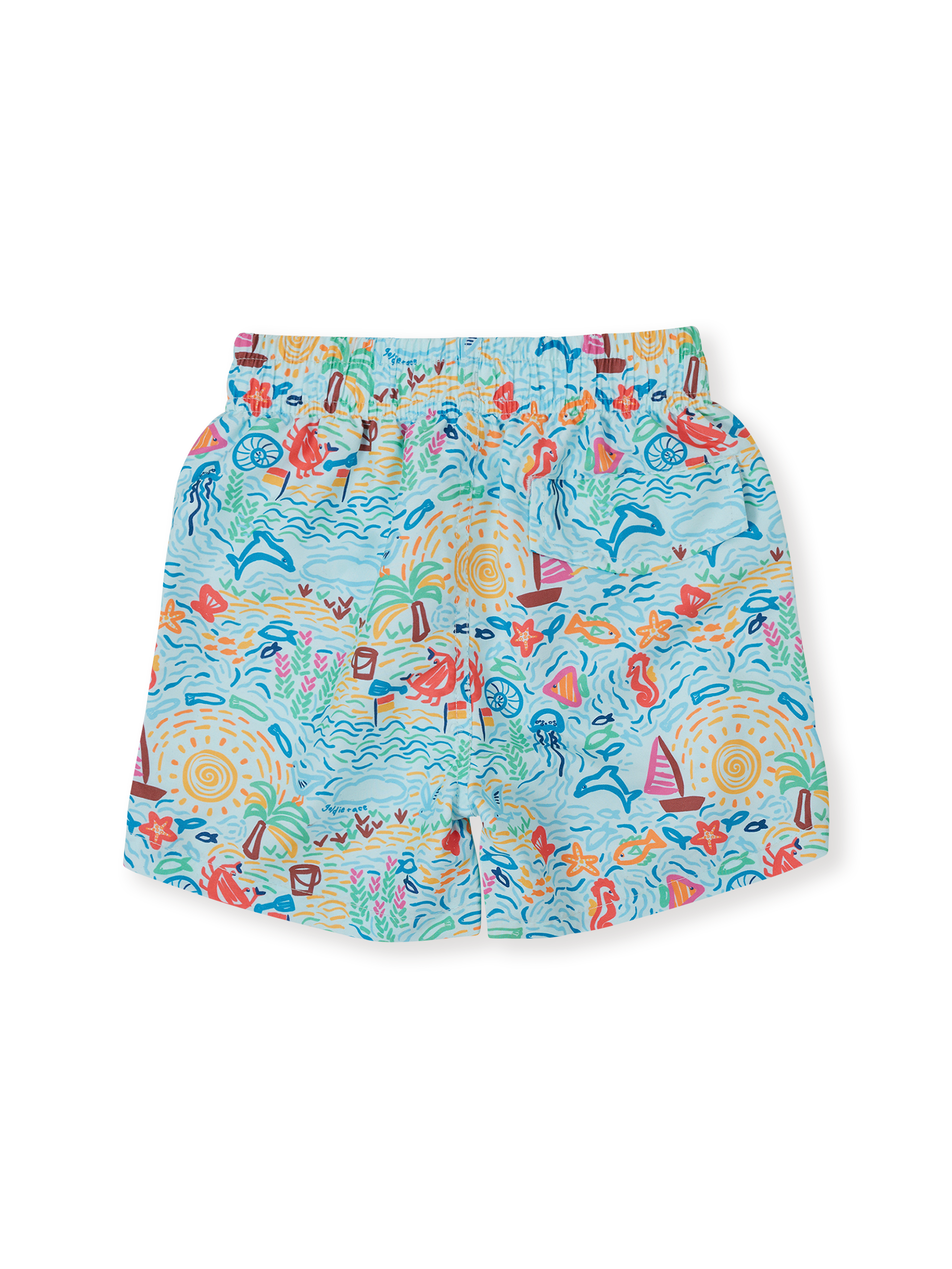The Goldie + Ace Summer Bay Board Shorts in Multi pictured on a transparent background. The material is . It is a swimwear made for babies, toddlers and kids.