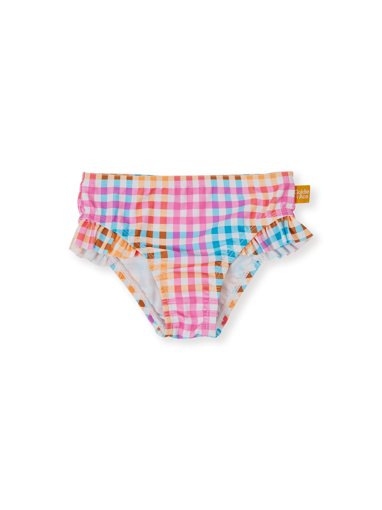 The Goldie + Ace Rainbow Gingham Frill Waist Bikini Bottom in Multi pictured on a transparent background. The material is . It is a swimwear made for babies, toddlers and kids.