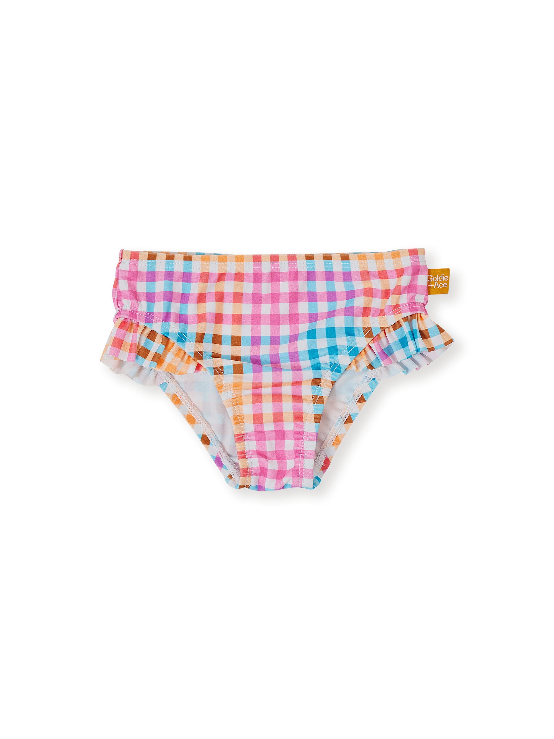 The Goldie + Ace Rainbow Gingham Frill Waist Bikini Bottom in Multi pictured on a transparent background. The material is . It is a swimwear made for babies, toddlers and kids.