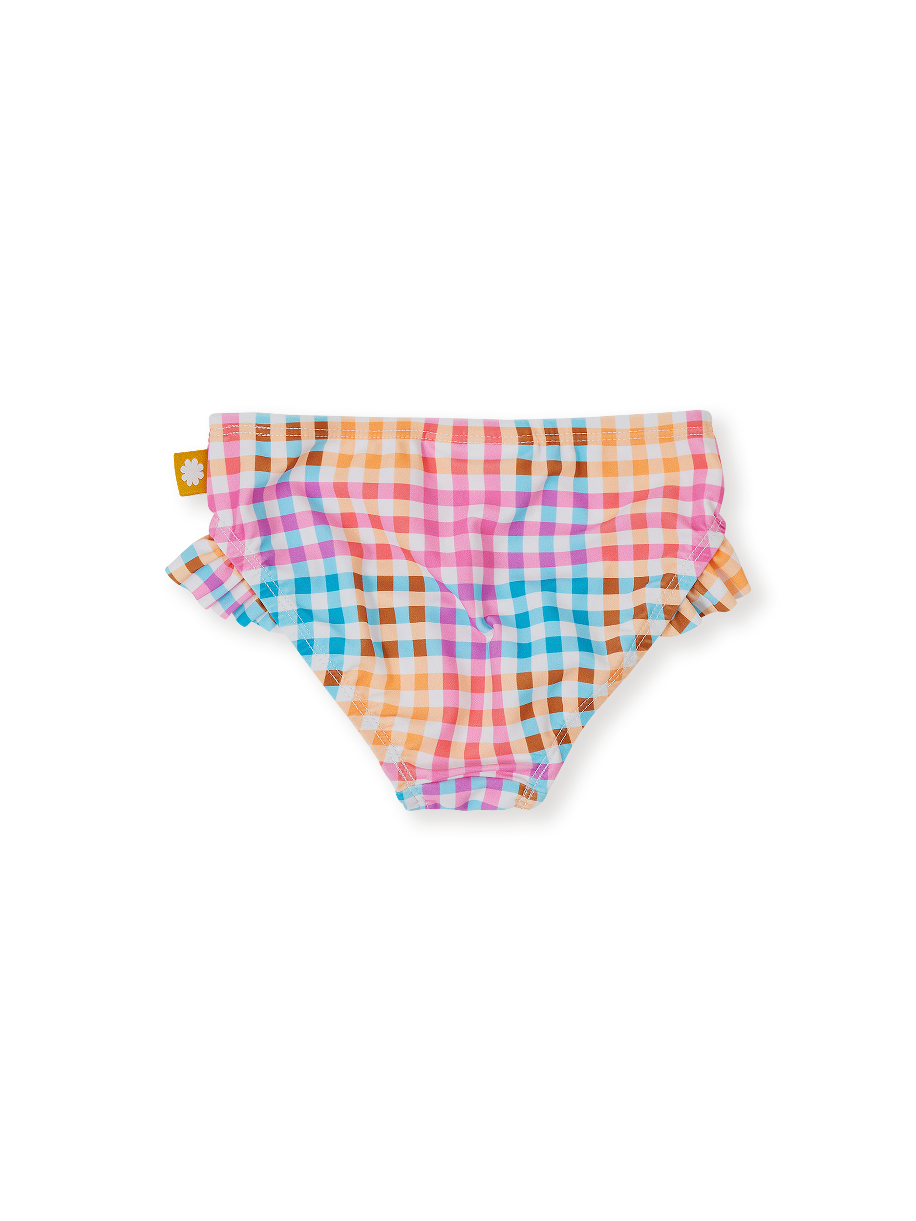 The Goldie + Ace Rainbow Gingham Frill Waist Bikini Bottom in Multi pictured on a transparent background. The material is . It is a swimwear made for babies, toddlers and kids.