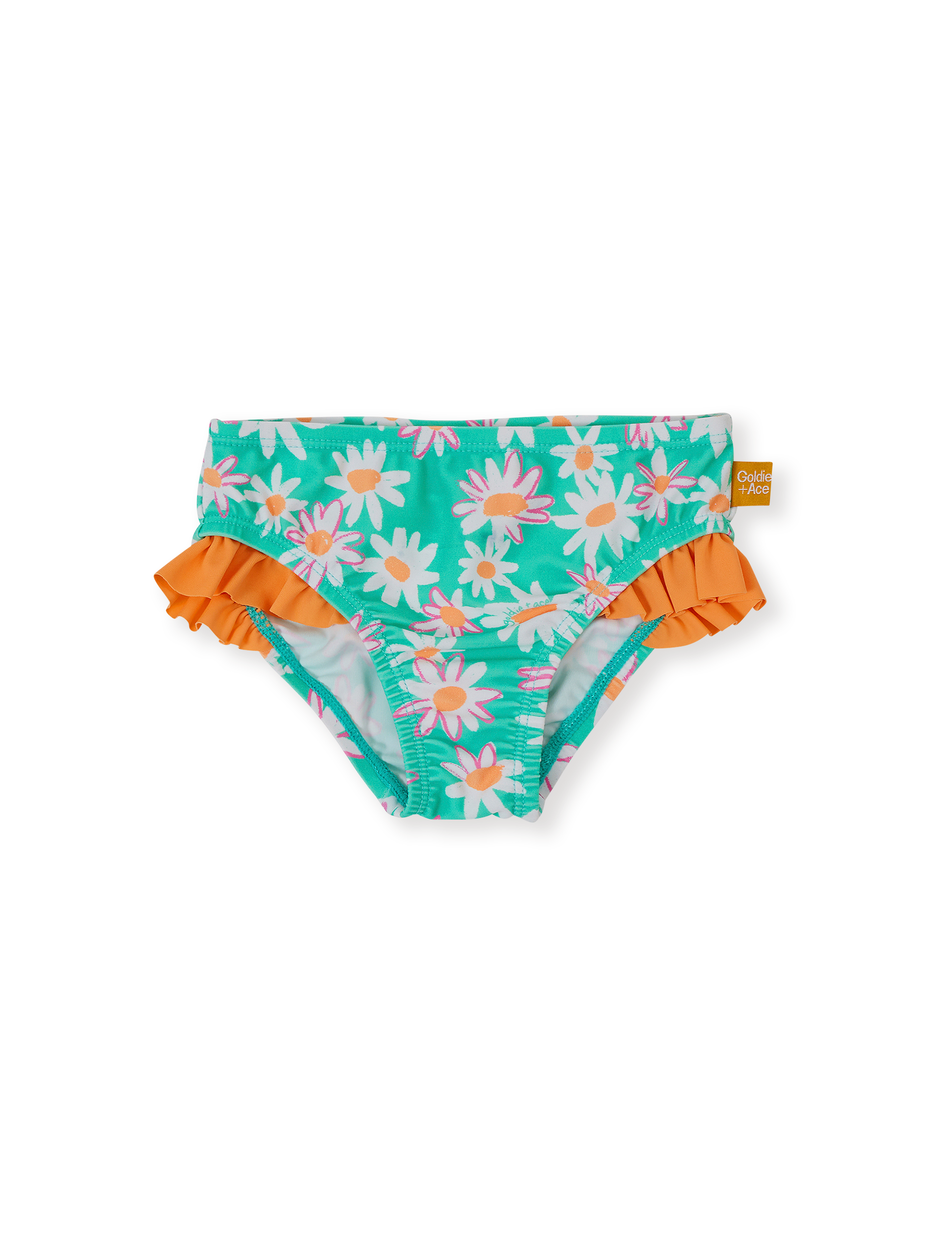 The Goldie + Ace Daisy Patch Frill Waist Bikini Bottom in Moss pictured on a transparent background. The material is . It is a swimwear made for babies, toddlers and kids.