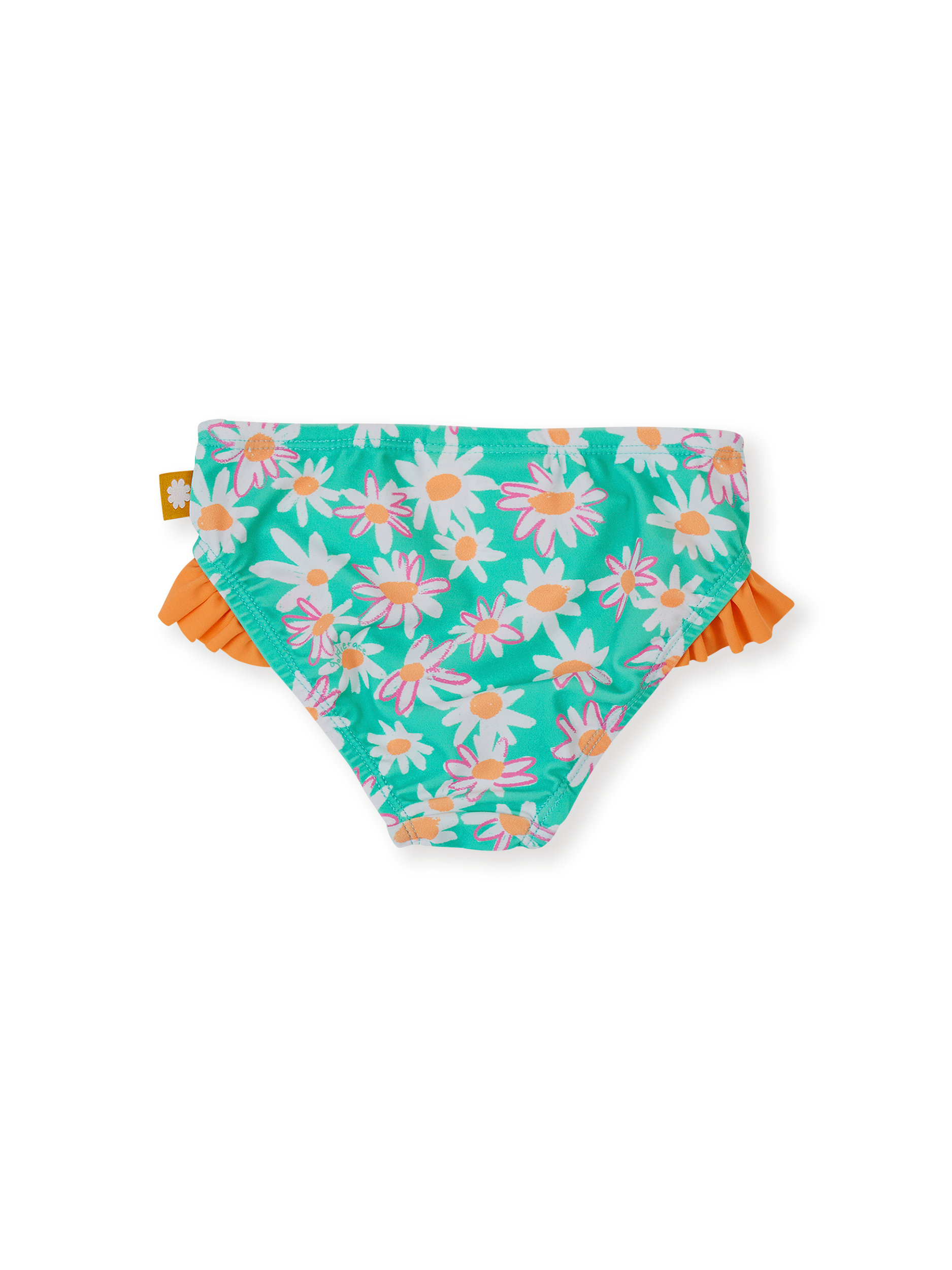 The Goldie + Ace Daisy Patch Frill Waist Bikini Bottom in Moss pictured on a transparent background. The material is . It is a swimwear made for babies, toddlers and kids.