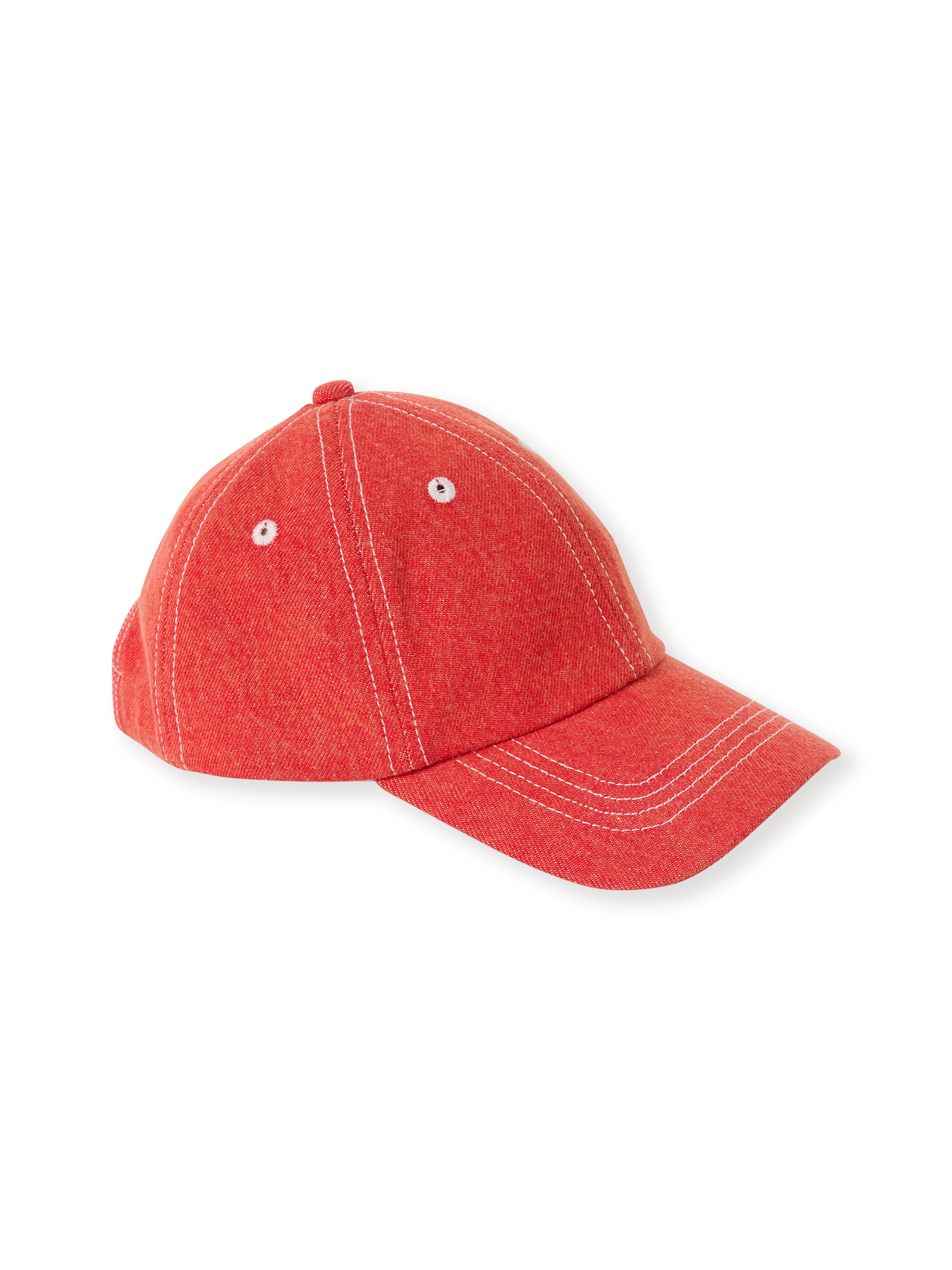 The Goldie + Ace Tate Embroidered Denim Cap in Apple Red pictured on a transparent background. The material is 100% cotton. It is a accessory made for babies, toddlers and kids.