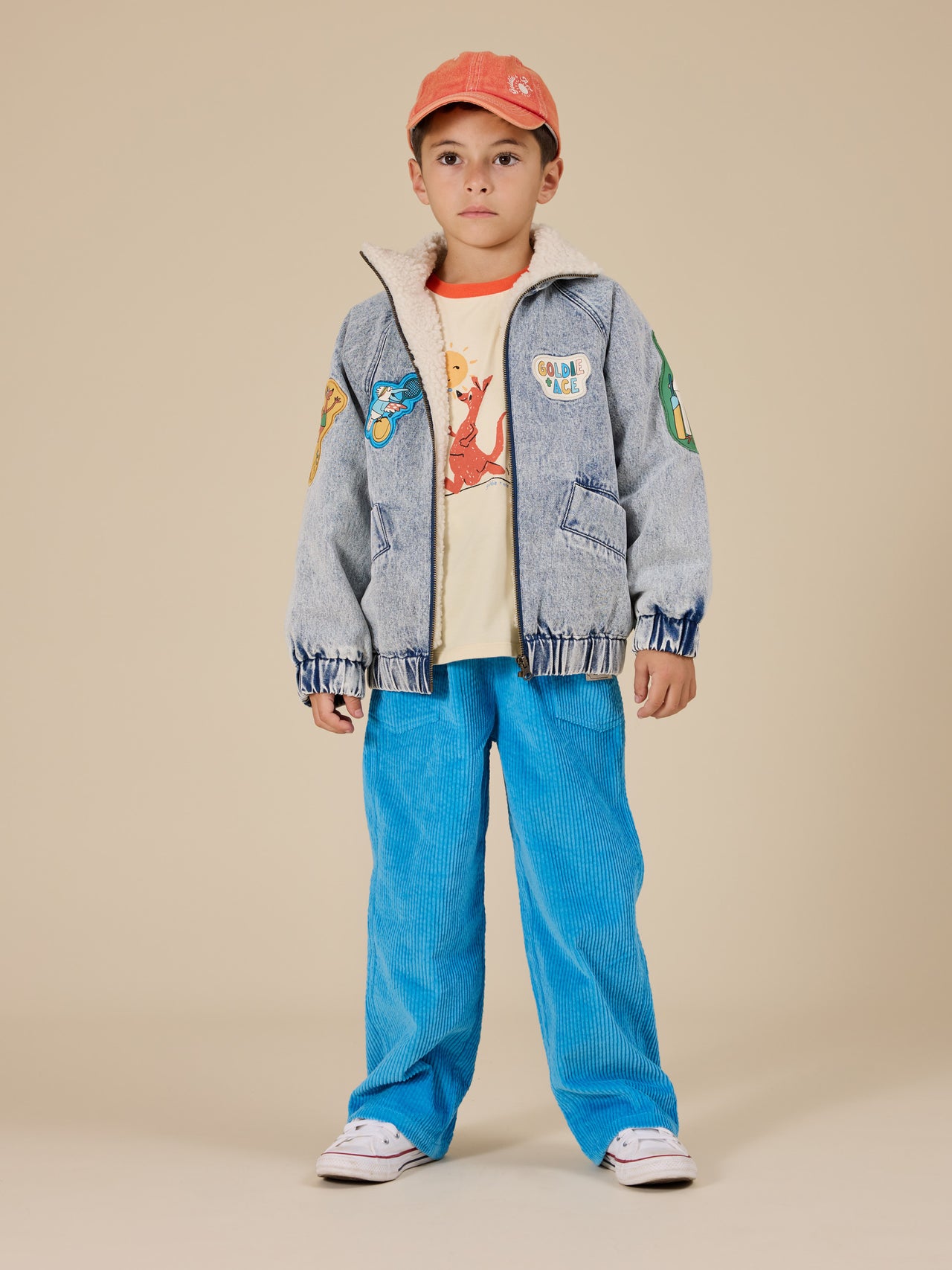 The Goldie + Ace Arlo Wide Leg Corduroy Pocket Pant in Lake pictured on a transparent background. The material is 100% cotton. It is a bottom made for babies, toddlers and kids.