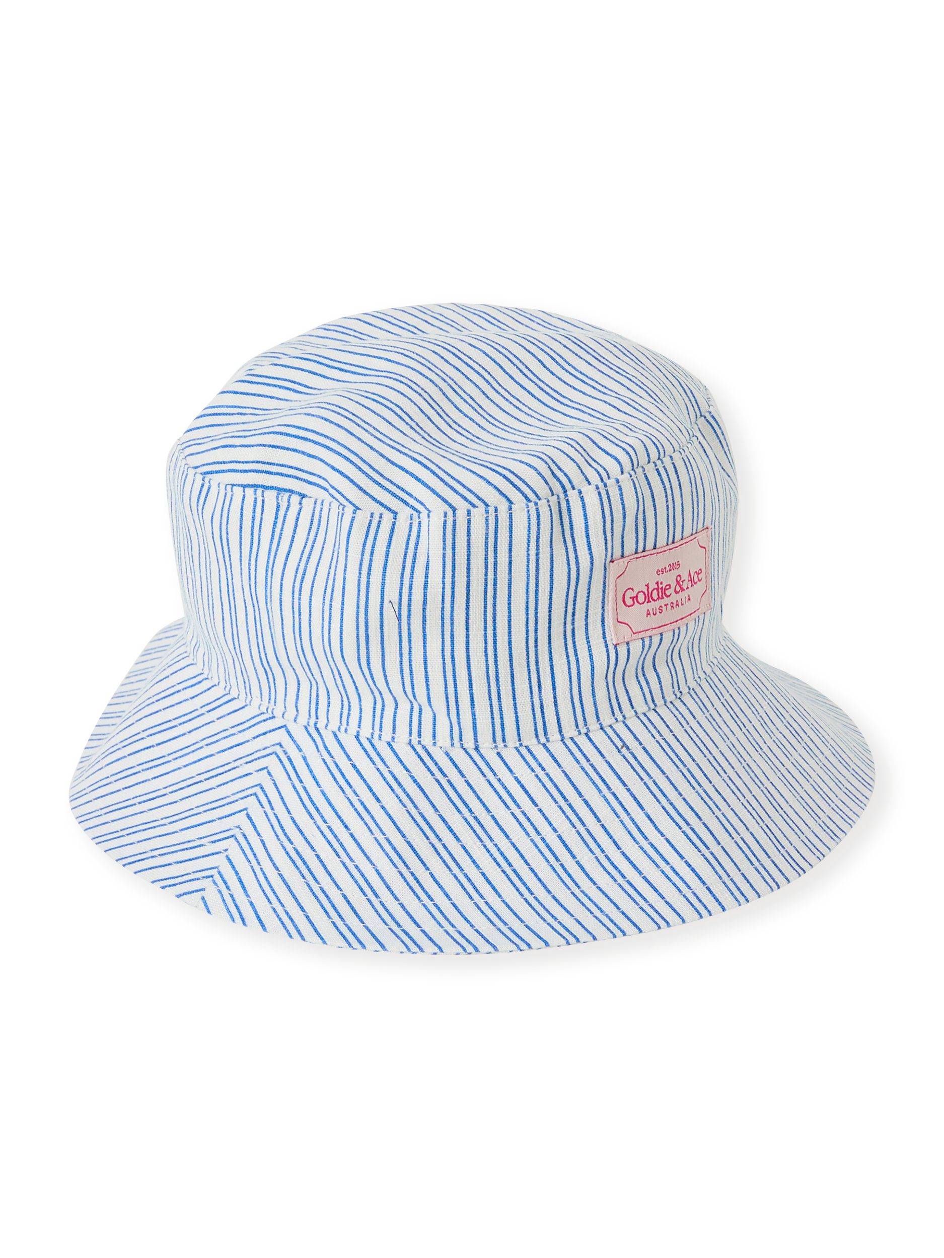 The Goldie + Ace Sailor Stripe Bucket Hat in Ocean/Ivory pictured on a transparent background. The material is soft and breathable rayon-linen blend. It is a accessory made for babies, toddlers and kids.