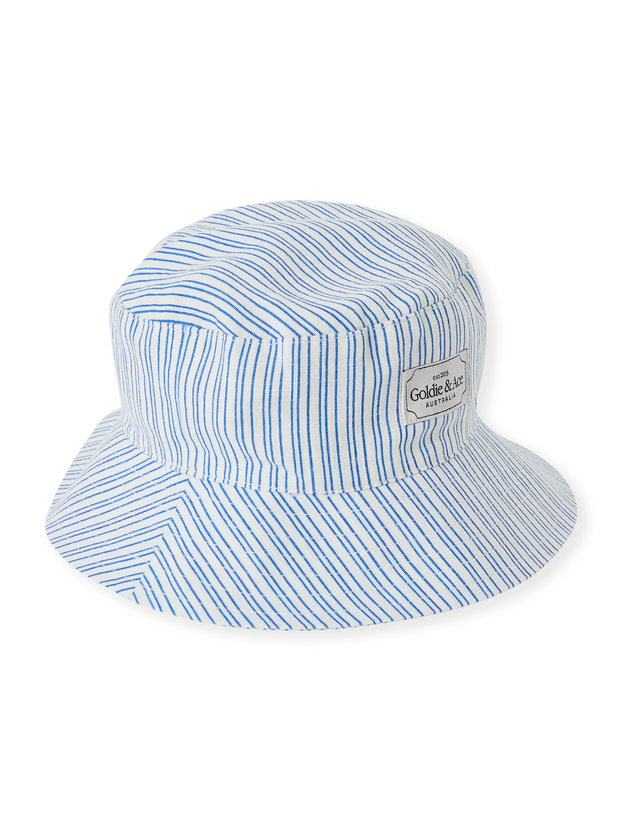 The Goldie + Ace Sailor Stripe Bucket Hat in Ocean/Ivory pictured on a transparent background. The material is soft and breathable rayon-linen blend. It is a accessory made for babies, toddlers and kids.