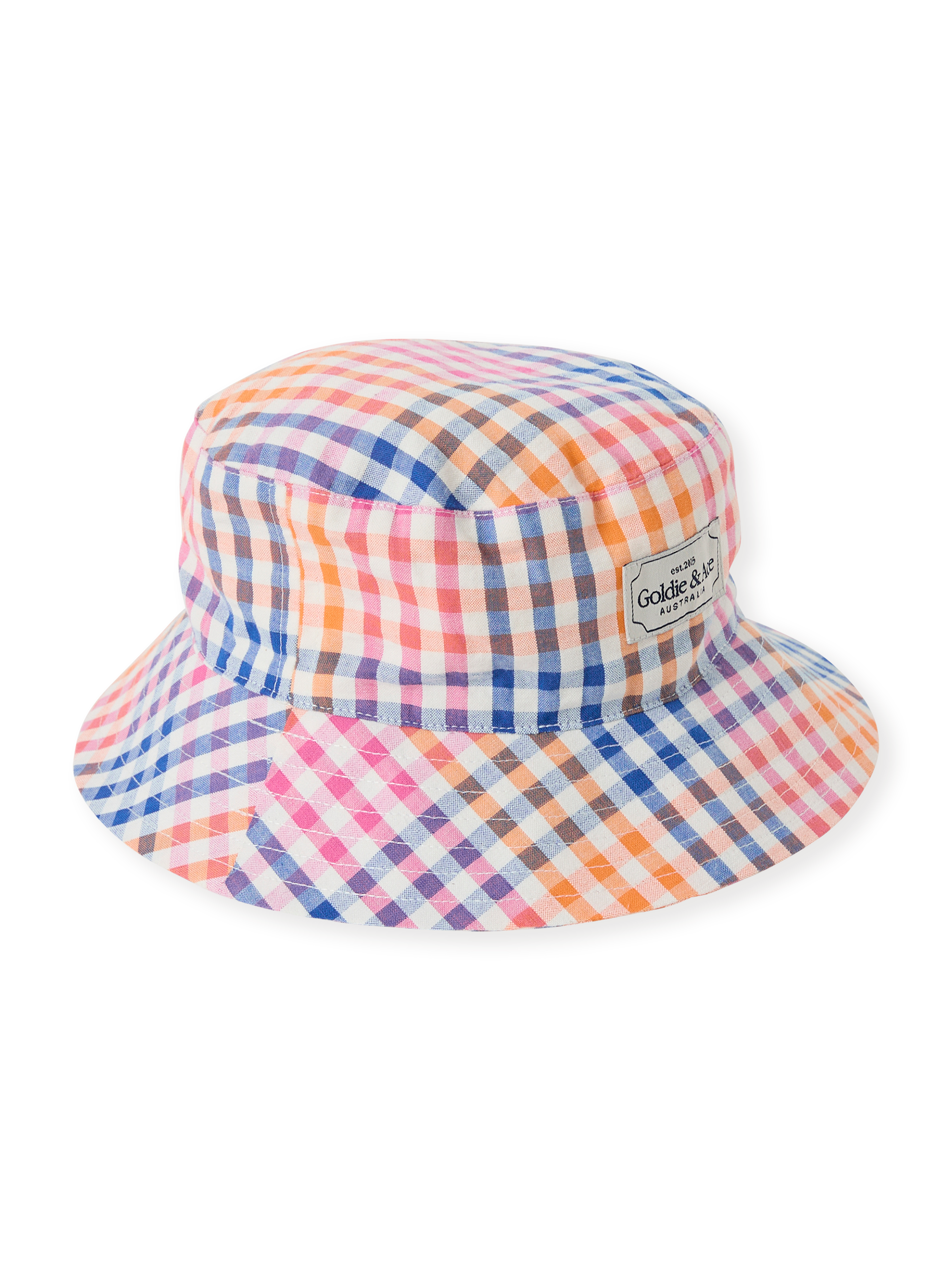 The Goldie + Ace Rainbow Gingham Bucket Hat in Multi pictured on a transparent background. The material is cotton with cotton lining. It is a accessory made for babies, toddlers and kids.