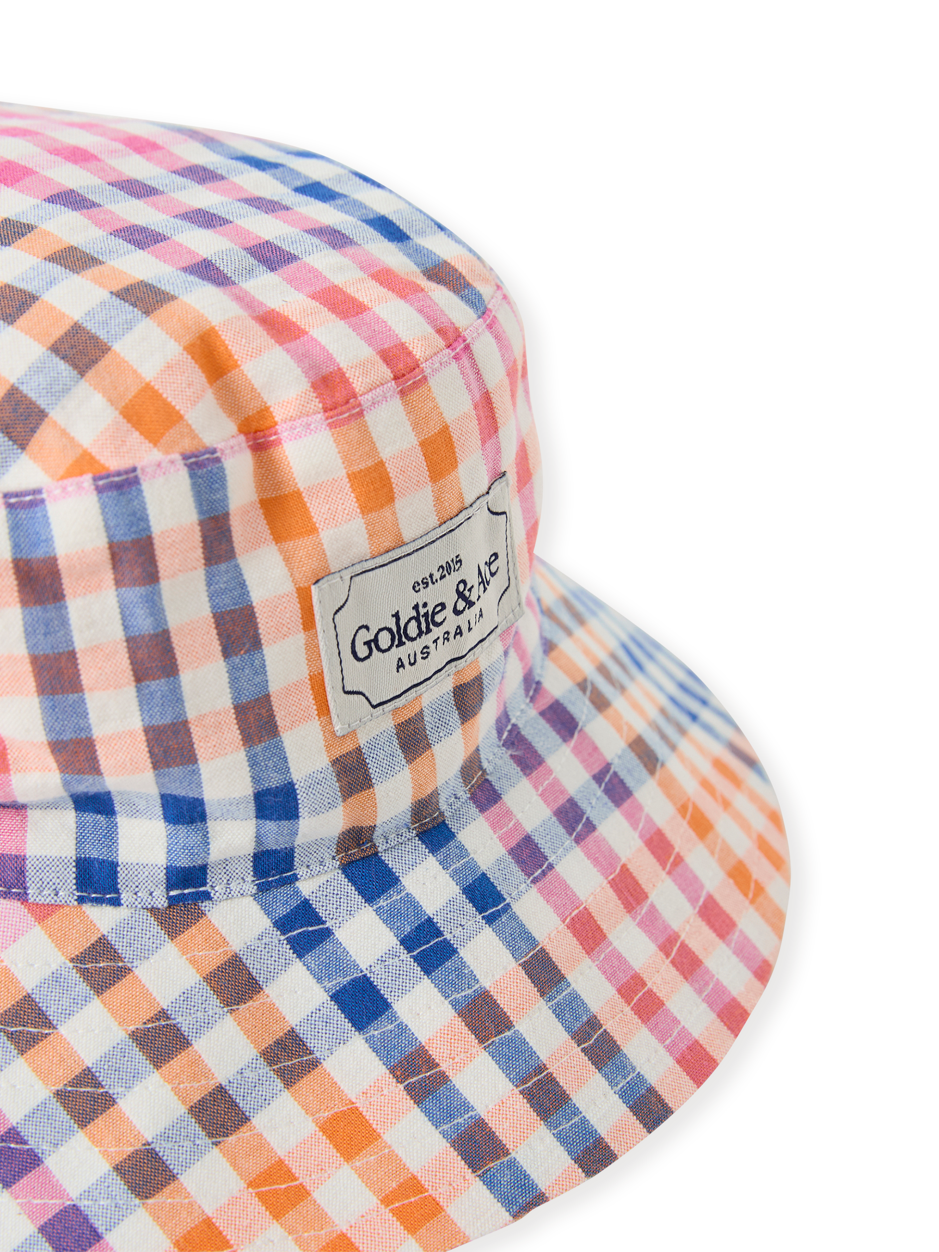 The Goldie + Ace Rainbow Gingham Bucket Hat in Multi pictured on a transparent background. The material is cotton with cotton lining. It is a accessory made for babies, toddlers and kids.