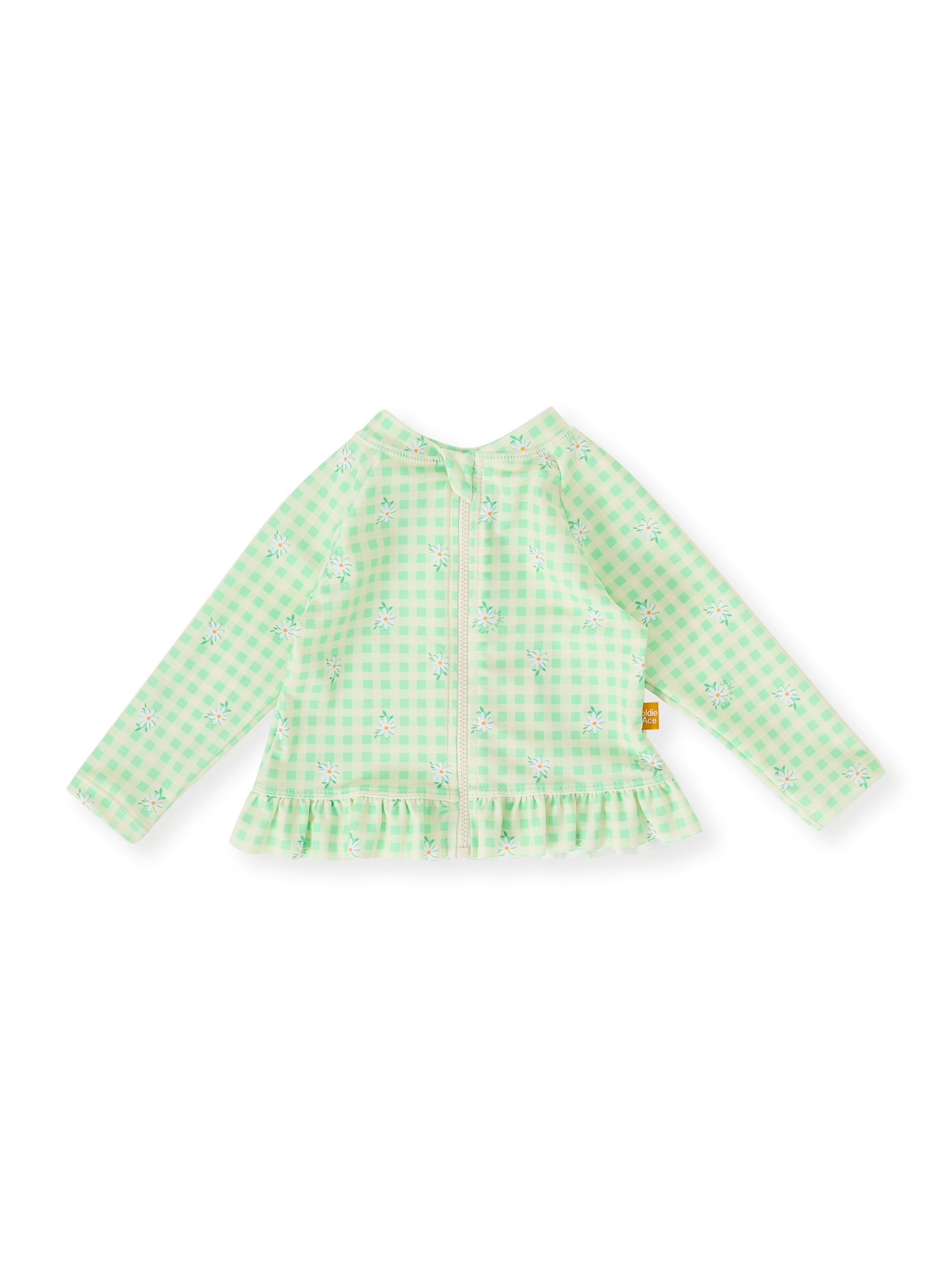 The Goldie + Ace Gingham Daisy Zip Up Swim Vest in Green pictured on a transparent background. The material is . It is a swimwear made for babies, toddlers and kids.