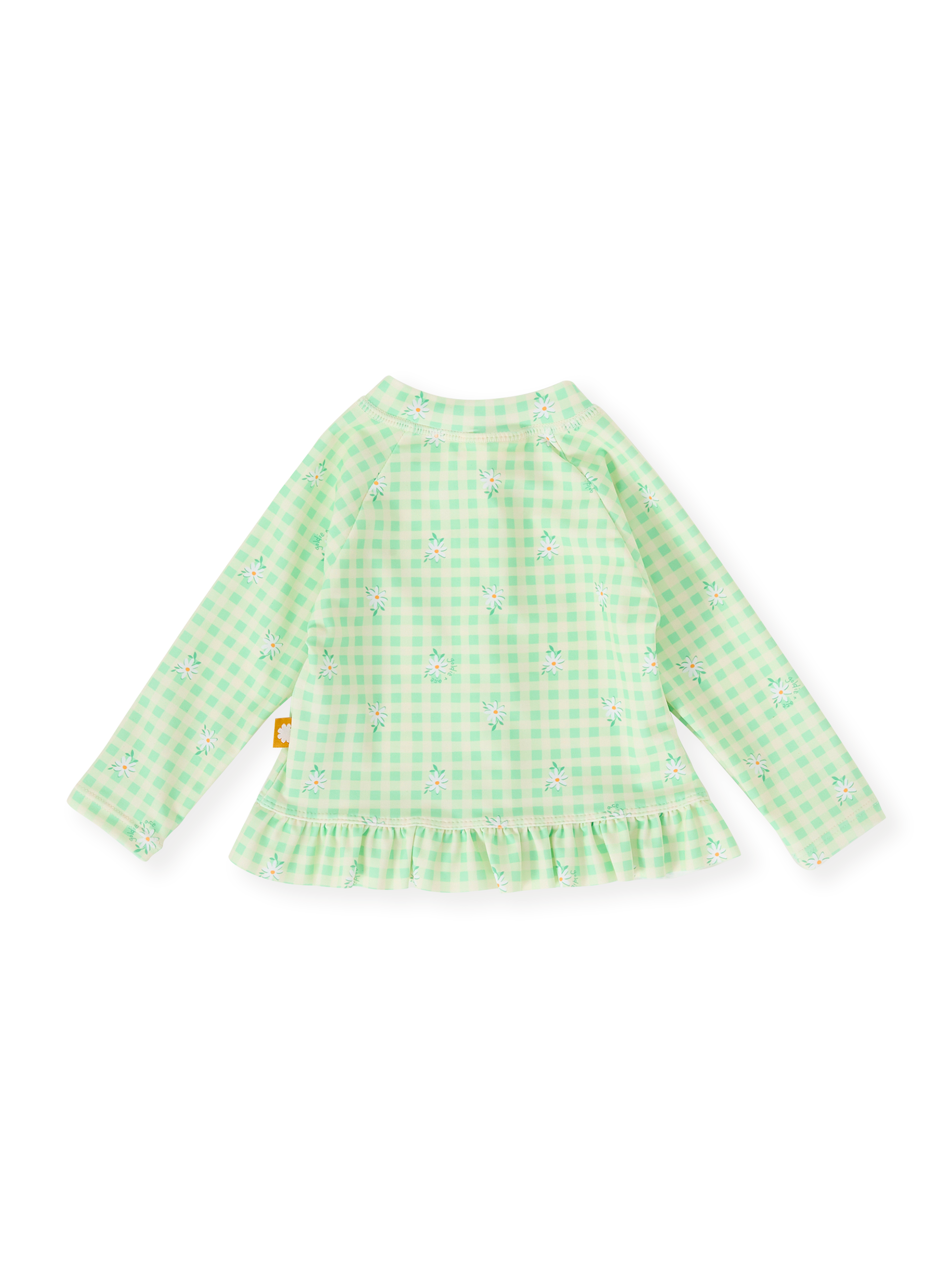 The Goldie + Ace Gingham Daisy Zip Up Swim Vest in Green pictured on a transparent background. The material is . It is a swimwear made for babies, toddlers and kids.