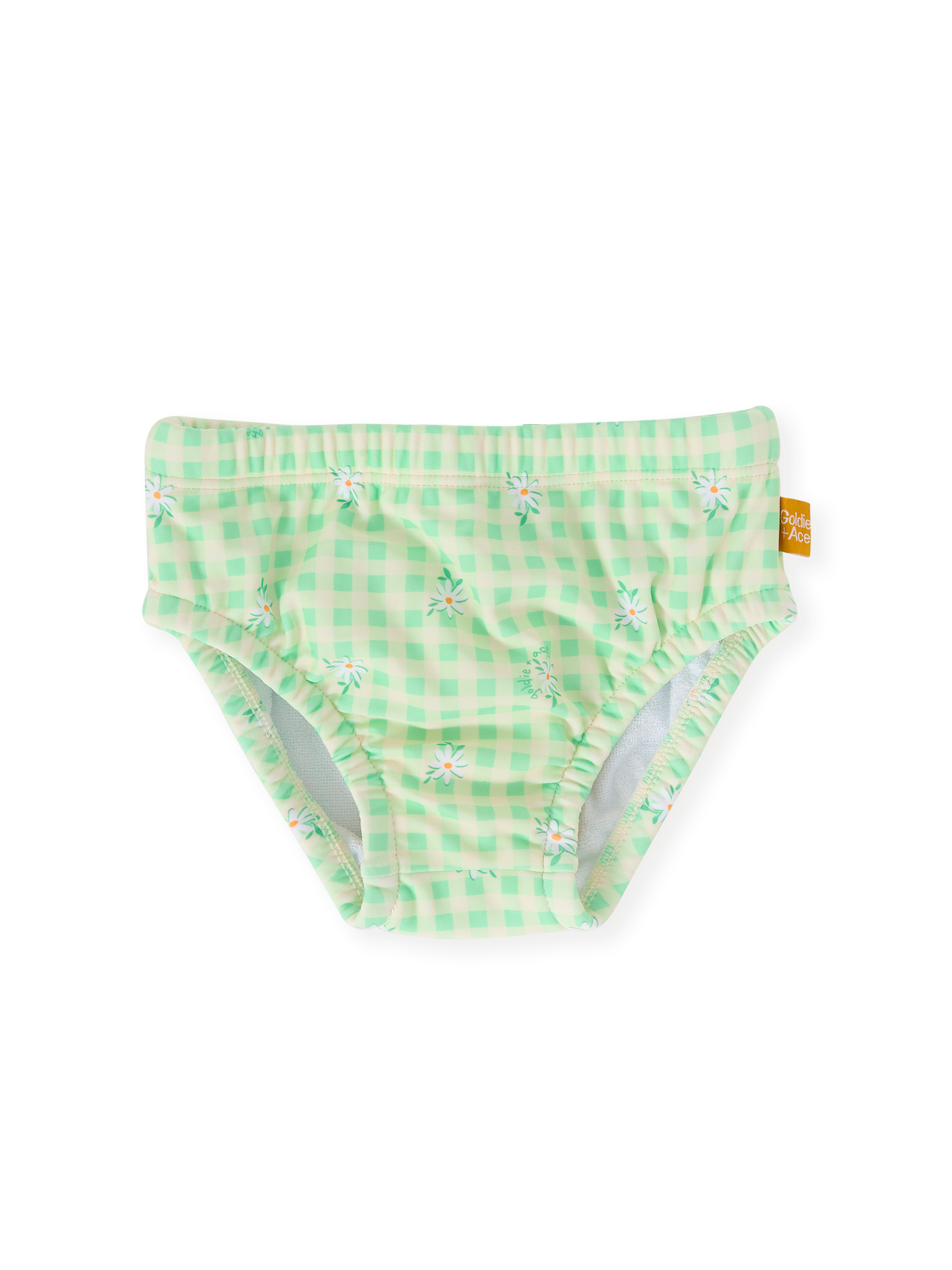 The Goldie + Ace Gingham Daisy Swim Nappy in Green pictured on a transparent background. The material is . It is a swimwear made for babies, toddlers and kids.