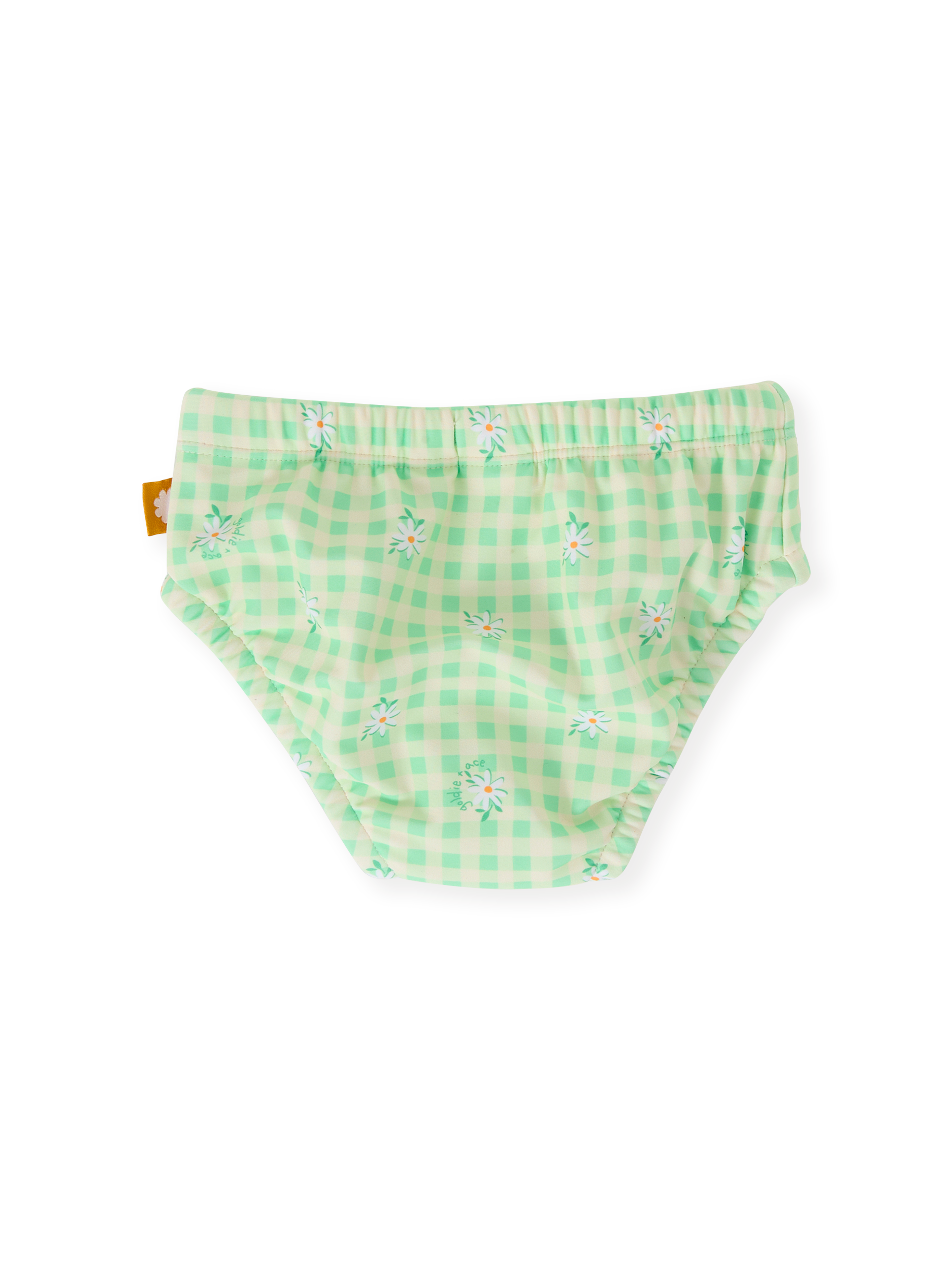 The Goldie + Ace Gingham Daisy Swim Nappy in Green pictured on a transparent background. The material is . It is a swimwear made for babies, toddlers and kids.