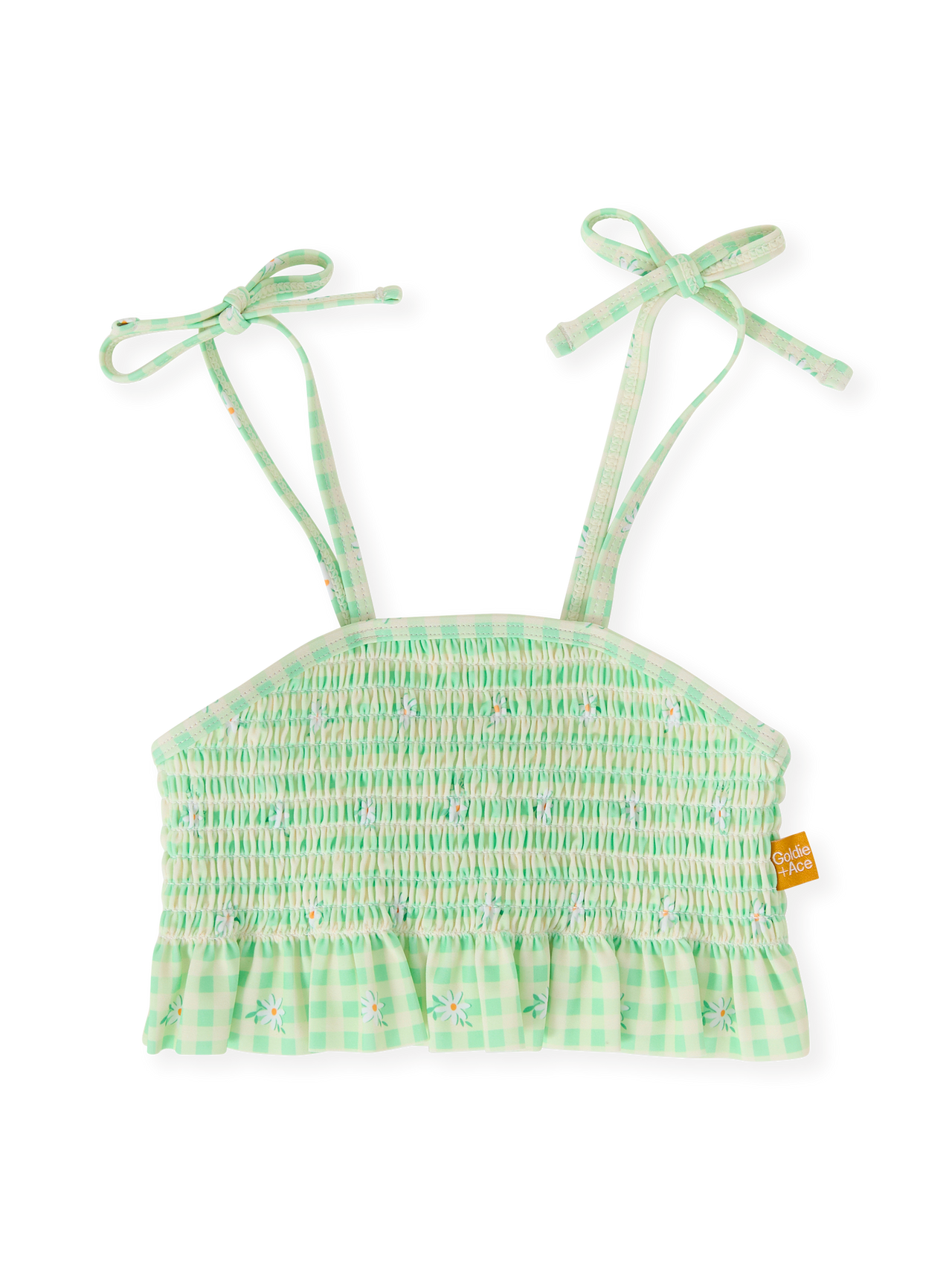 The Goldie + Ace Gingham Daisy Shirred Bikini Top in Green pictured on a transparent background. The material is . It is a swimwear made for babies, toddlers and kids.