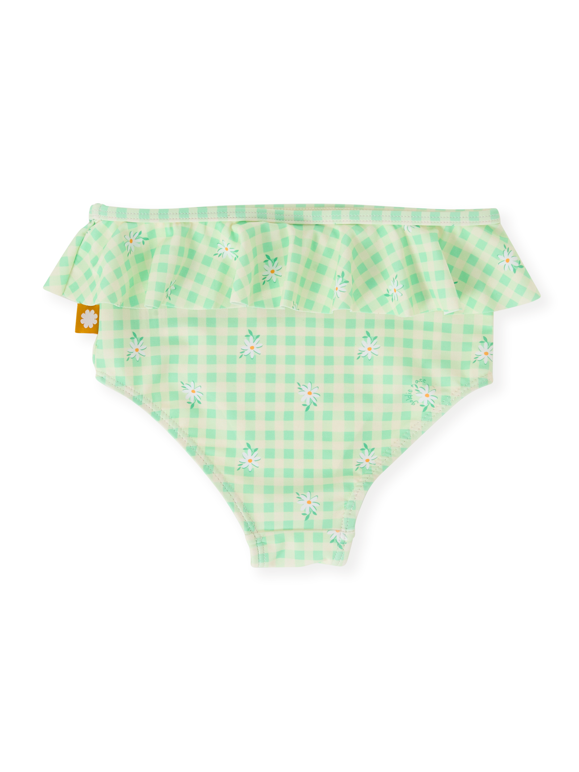 The Goldie + Ace Gingham Daisy Bikini Bottom in Green pictured on a transparent background. The material is . It is a swimwear made for babies, toddlers and kids.